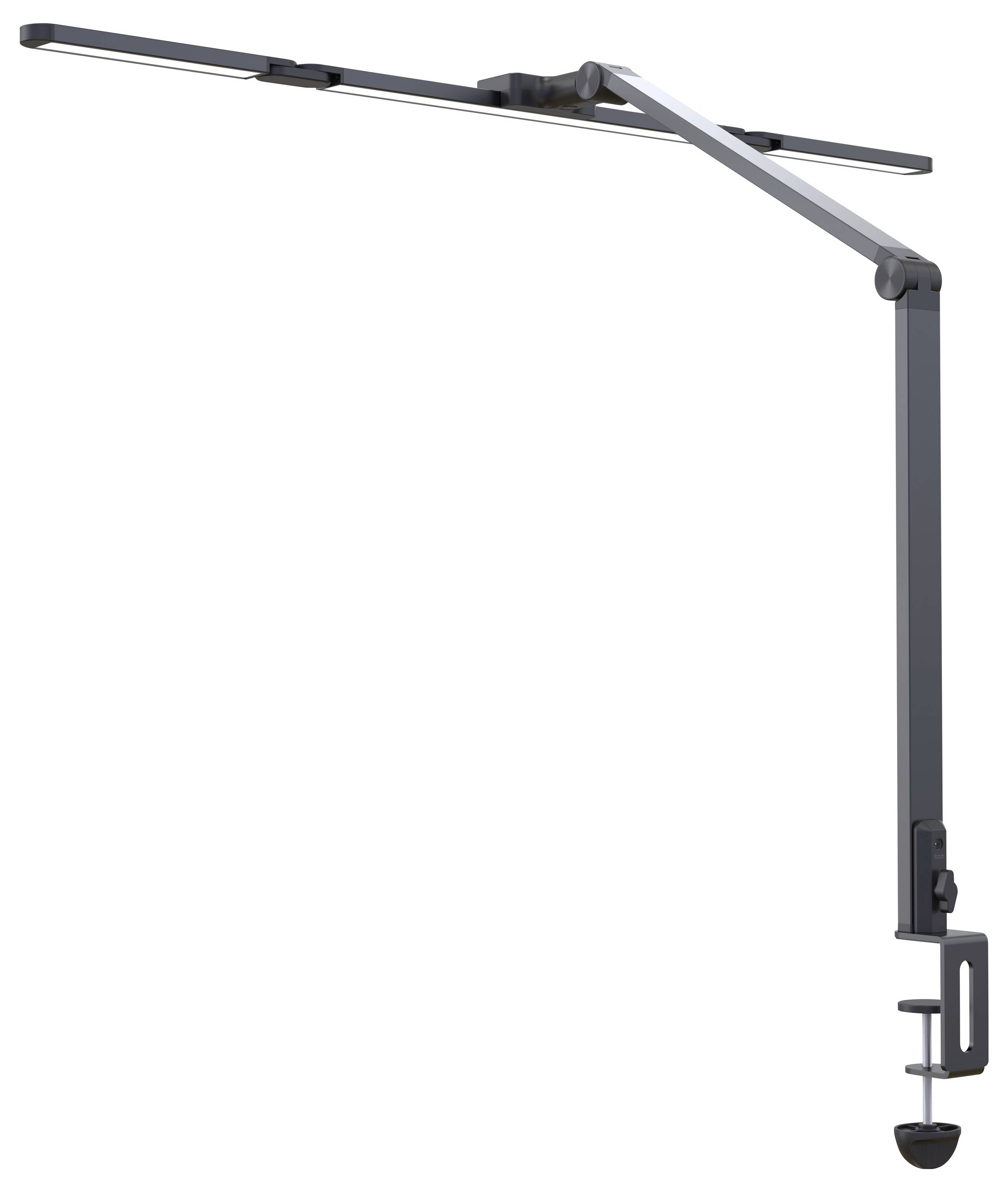 Nastaviteľná sťahovacia stolná lampa s dlhým kĺbovým ramenom a vodorovným svetelným panelom na bielom pozadí.