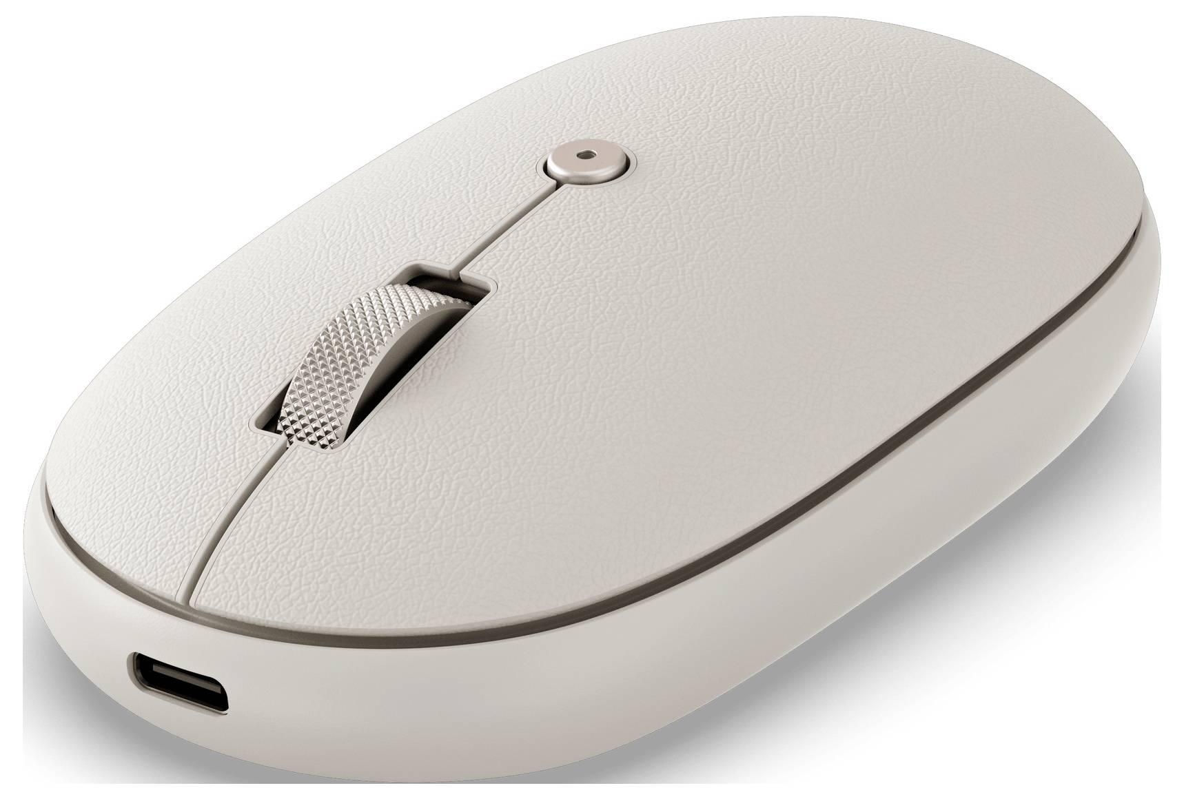 Elegantná bezdrôtová myš v béžovej farbe s texturovaným kolieskom na skrolovanie a portom USB-C na nabíjanie, navrhnutá pre ergonomické použitie.