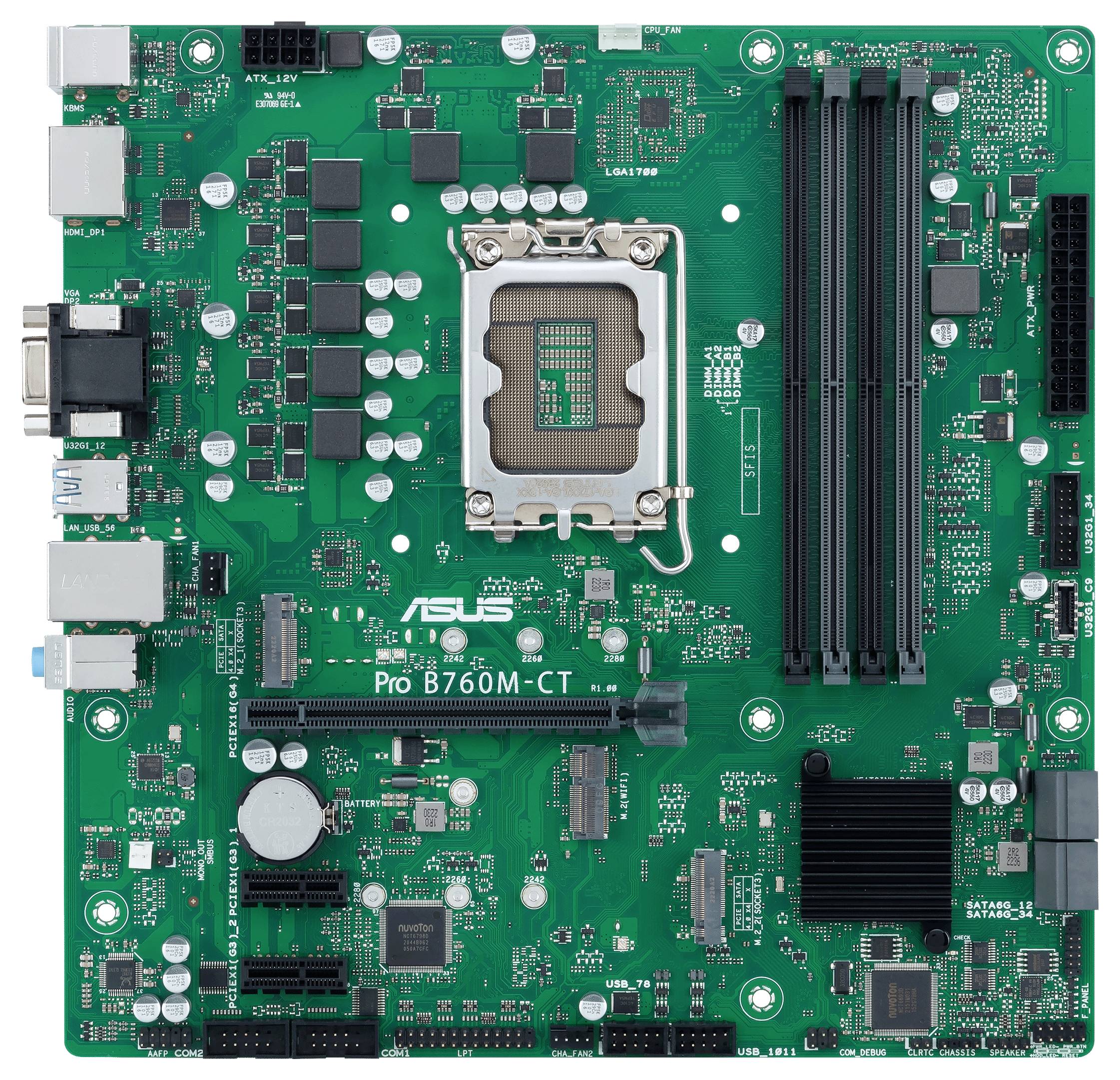ASUS Pro B760M-CT počítačová doska s viditeľným soketu CPU, slotmi RAM, slotmi PCIe a zadnými портами V/V