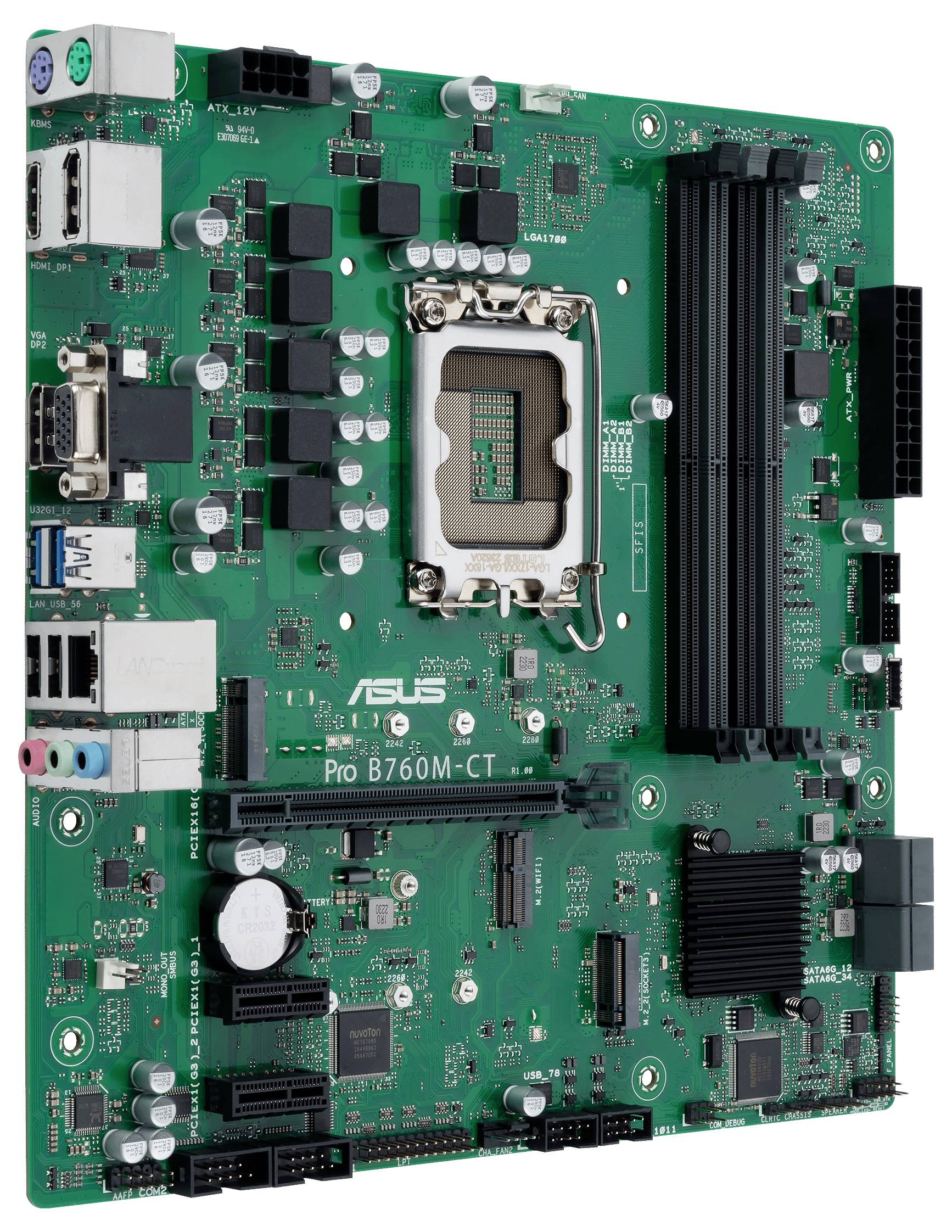 Počítačová základná doska ASUS Pro B760M-CT s procesorovým soketom, slotmi RAM, slotmi PCIe, konektormi napájania a zadnými portami I/O.