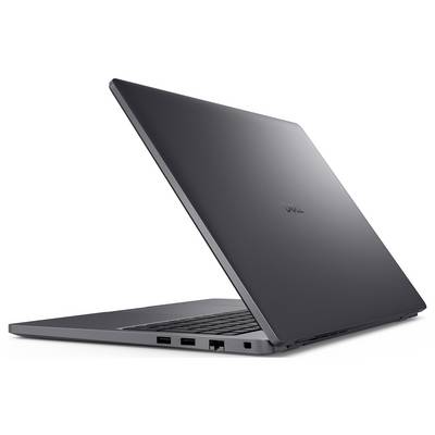 Elegantný, tmavosivý notebook čiastočne otvorený, nakloný tak, aby boli viditeľné bočné porty vrátane USB a HDMI, a logá značky na veku.