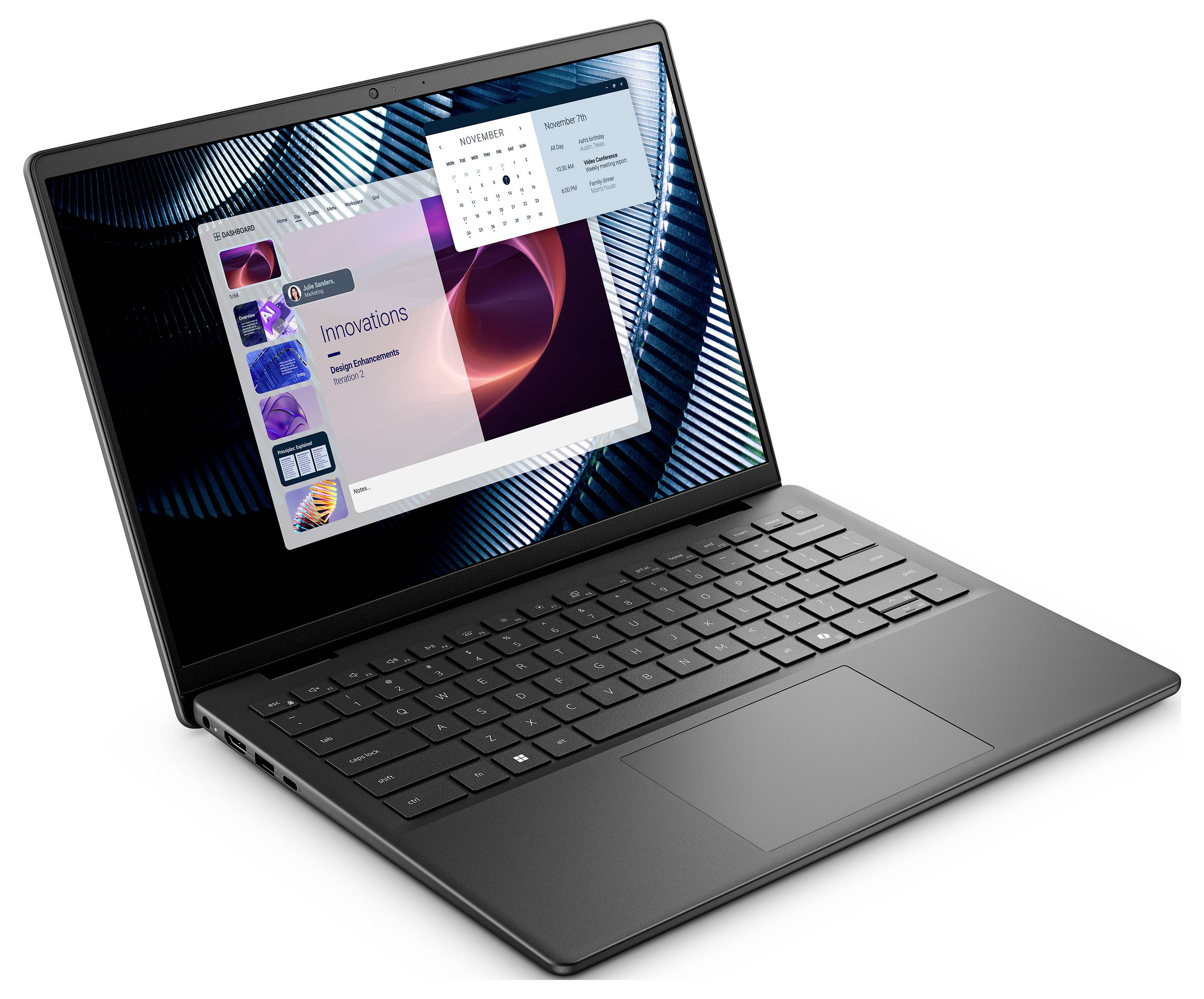 Elegantný čierny notebook zobrazujúci digitálnu prezentáciu na tému "Inovácie" s farebnými grafikami na obrazovke, umiestnený pred geometrickým pozadím.