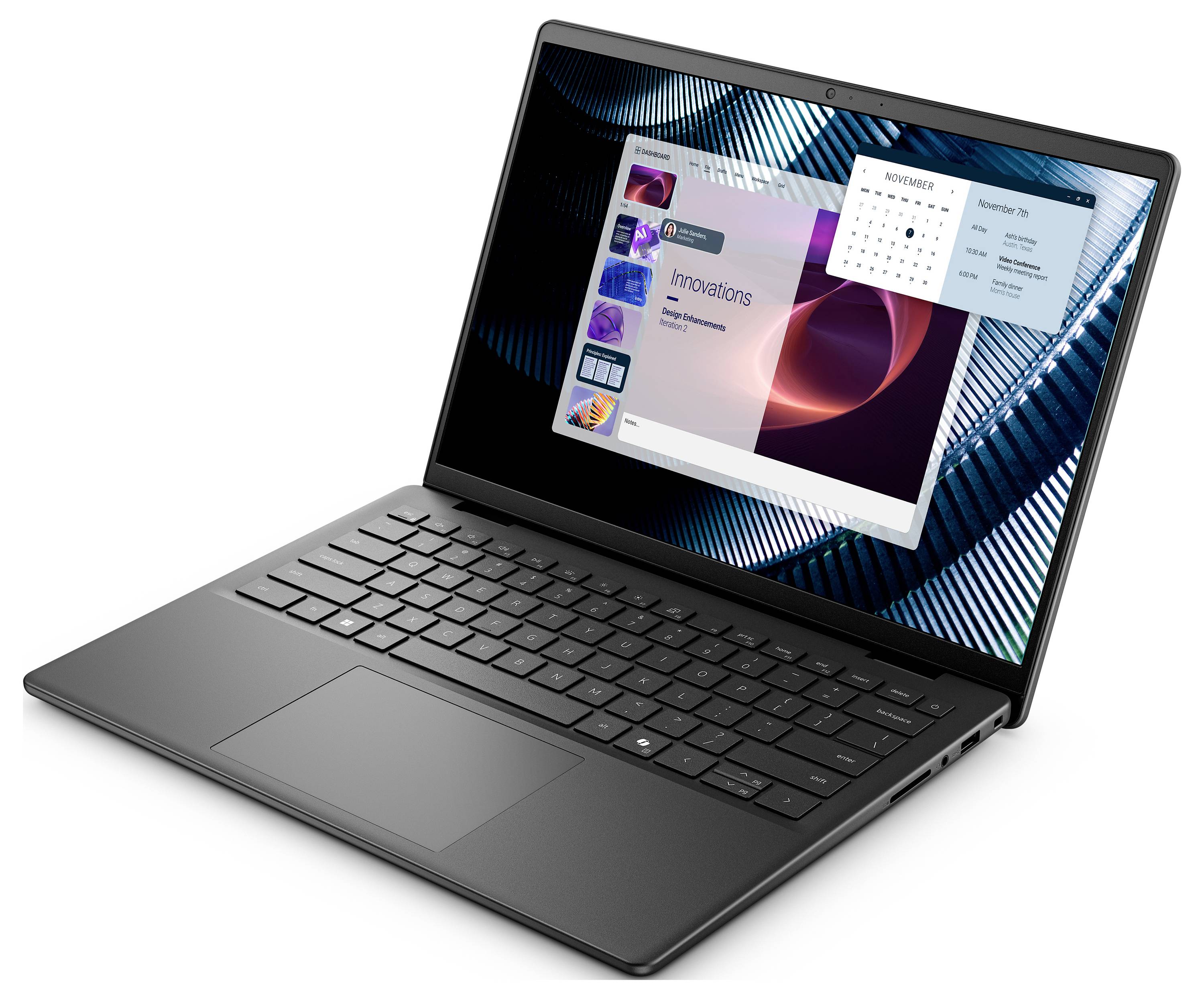 Čierny notebook s digitálnym kalendárom a prezentačnou snímkou s názvom "Inovácie" na obrazovke, umiestnený na bielom pozadí.