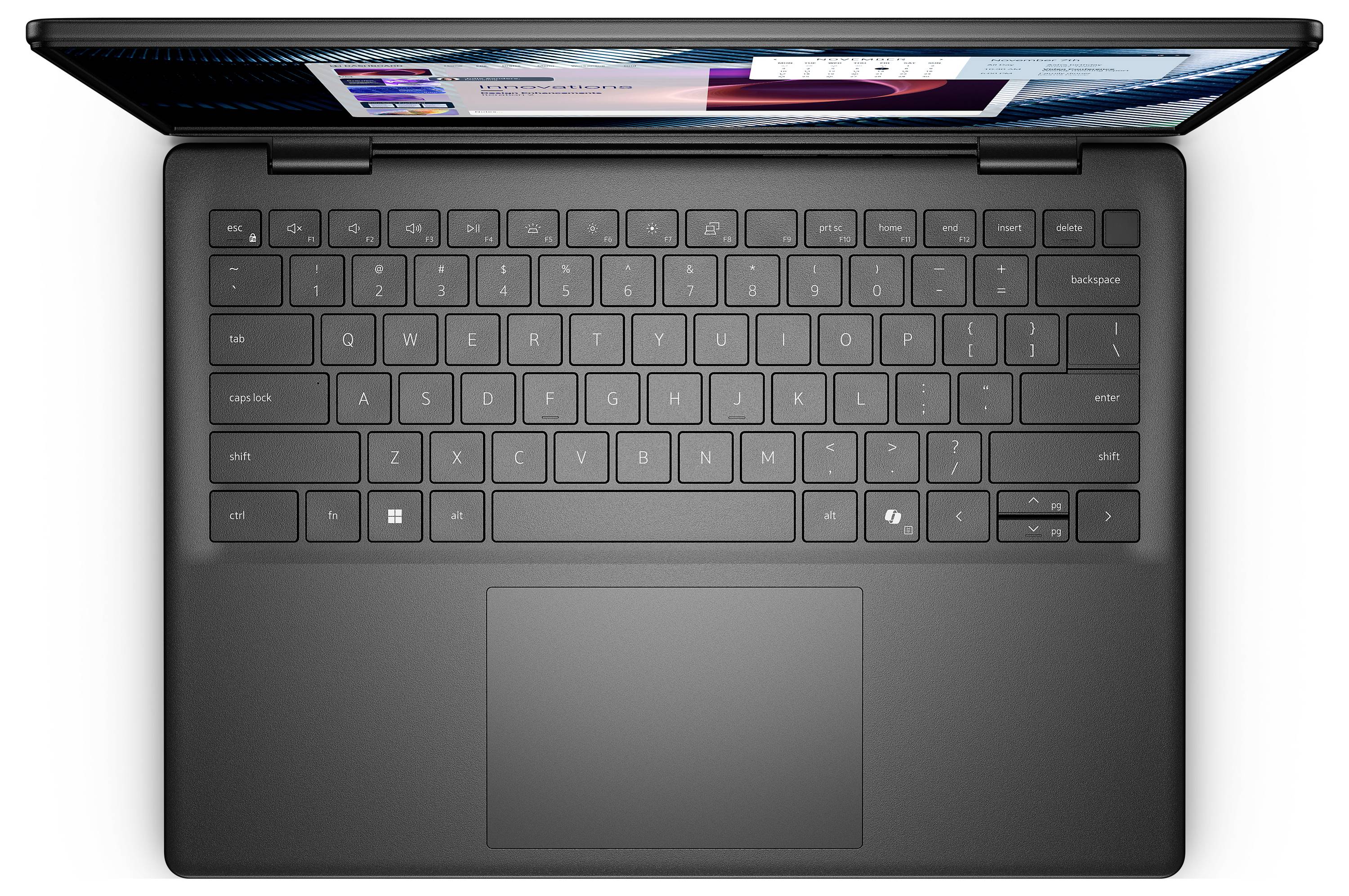 Čierny notebook videný zhora, ktorý zobrazuje klávesnicu a touchpad s obrazovkou s otvorenou aplikáciou.
