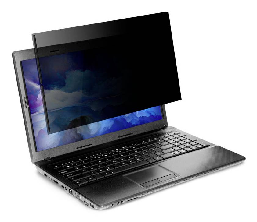 Notebook s ochrannou obrazovkou čiastočne zakrývajúcou displej s farebnému abstraktným pozadím.