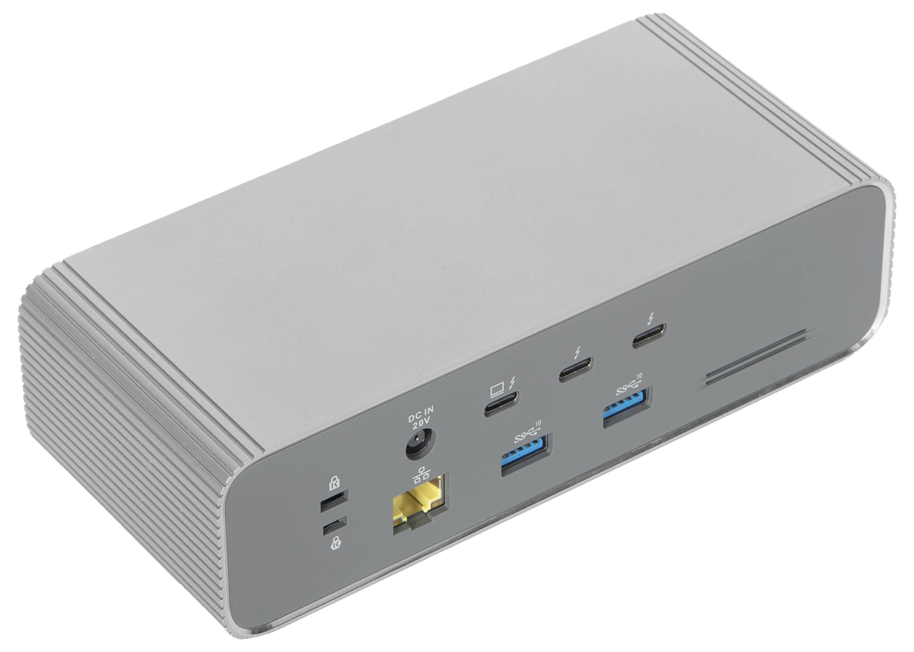 Kompaktny strieborný mini PC s predným portami: tlačidlo napájania, USB-C, dva USB-A, Ethernet a audio jack.