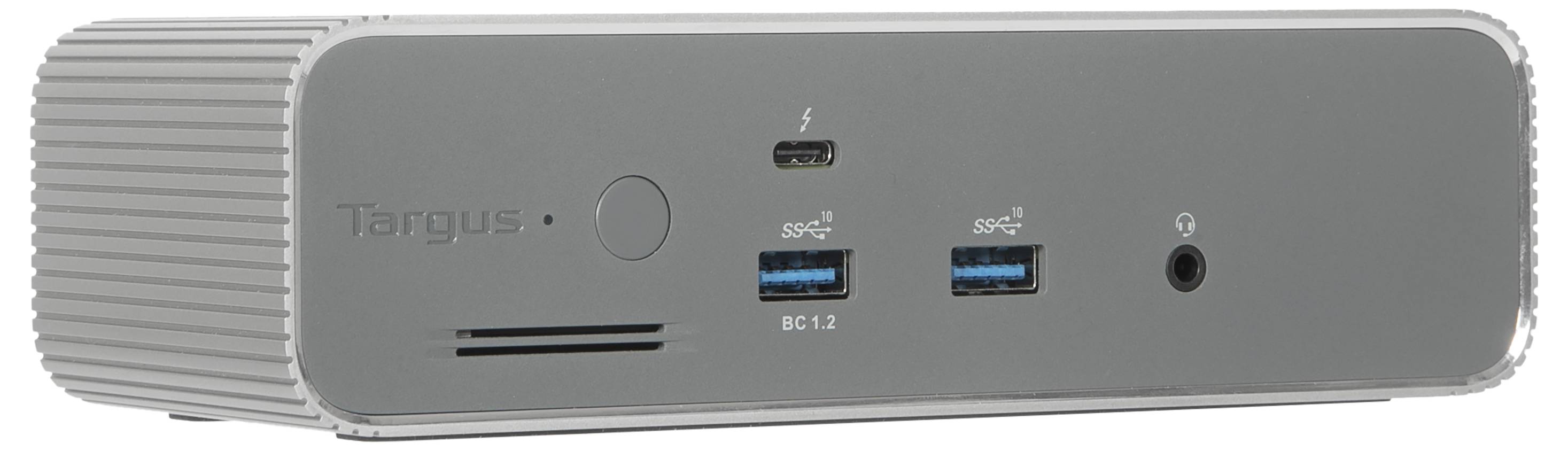 Predný pohľad sivého doku Targus s dvoma USB portami, portom USB-C, audio jacksom a LED indikátorom.