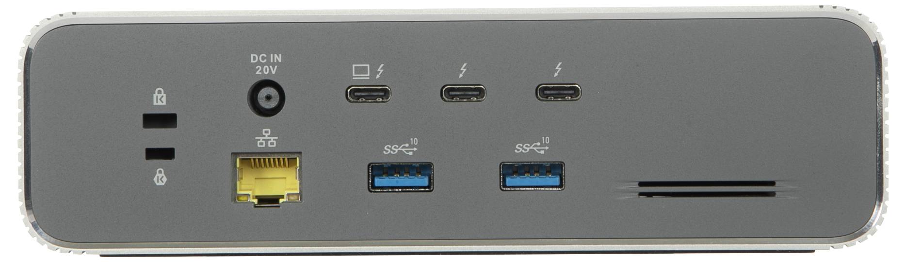 Zadný pohľad na zariadenie zobrazujúci prístroj na prívod napájania, dva porty USB-C, žltý port Ethernet, dva porty USB-A a ventilačný otvor.