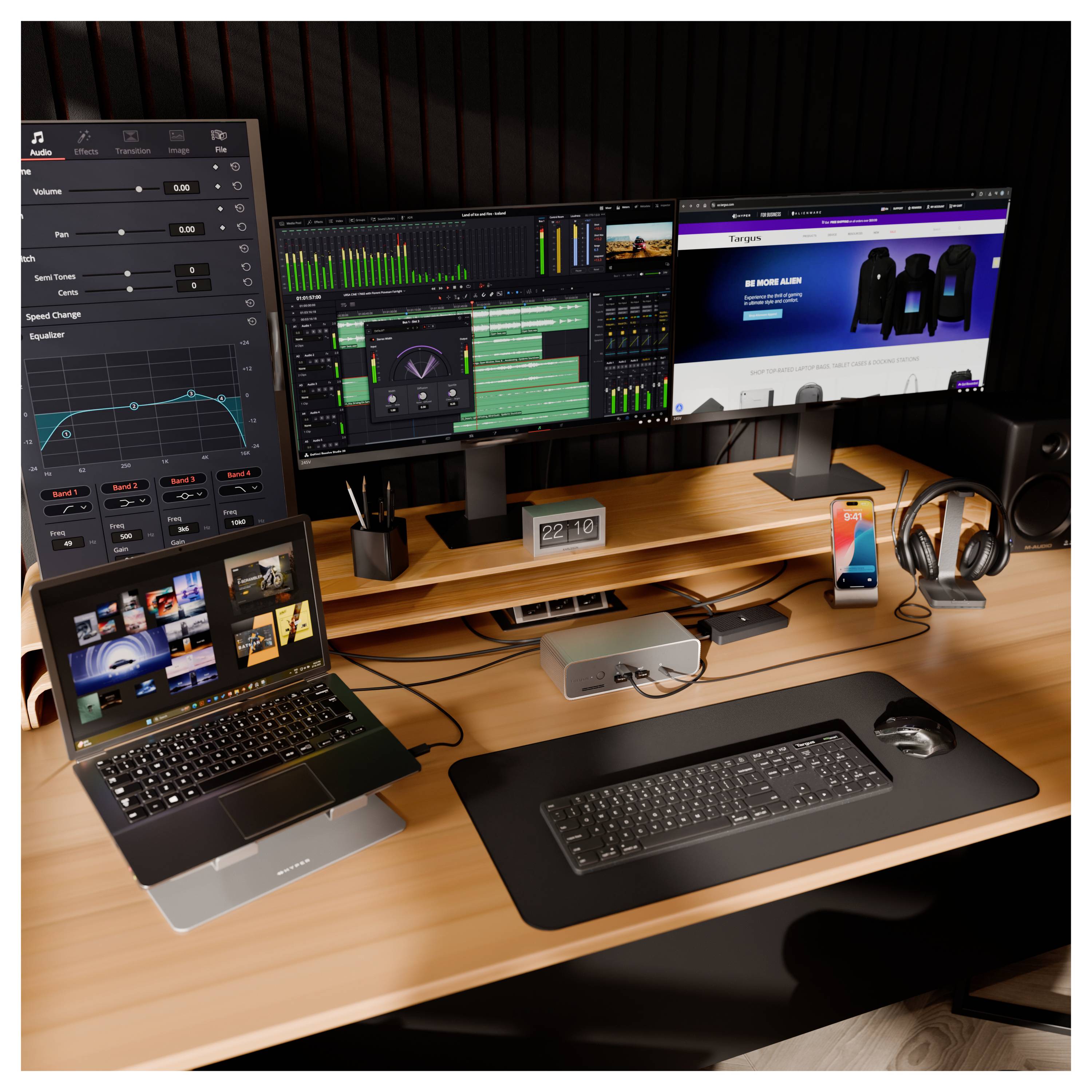 Uprataný pracovný stôl s dvoma monitormi s notebookom, klávesnicou, myšou, slúchadlami, telefónom a audio vybavením s niekoľkými otvorenými oknami softvéru.