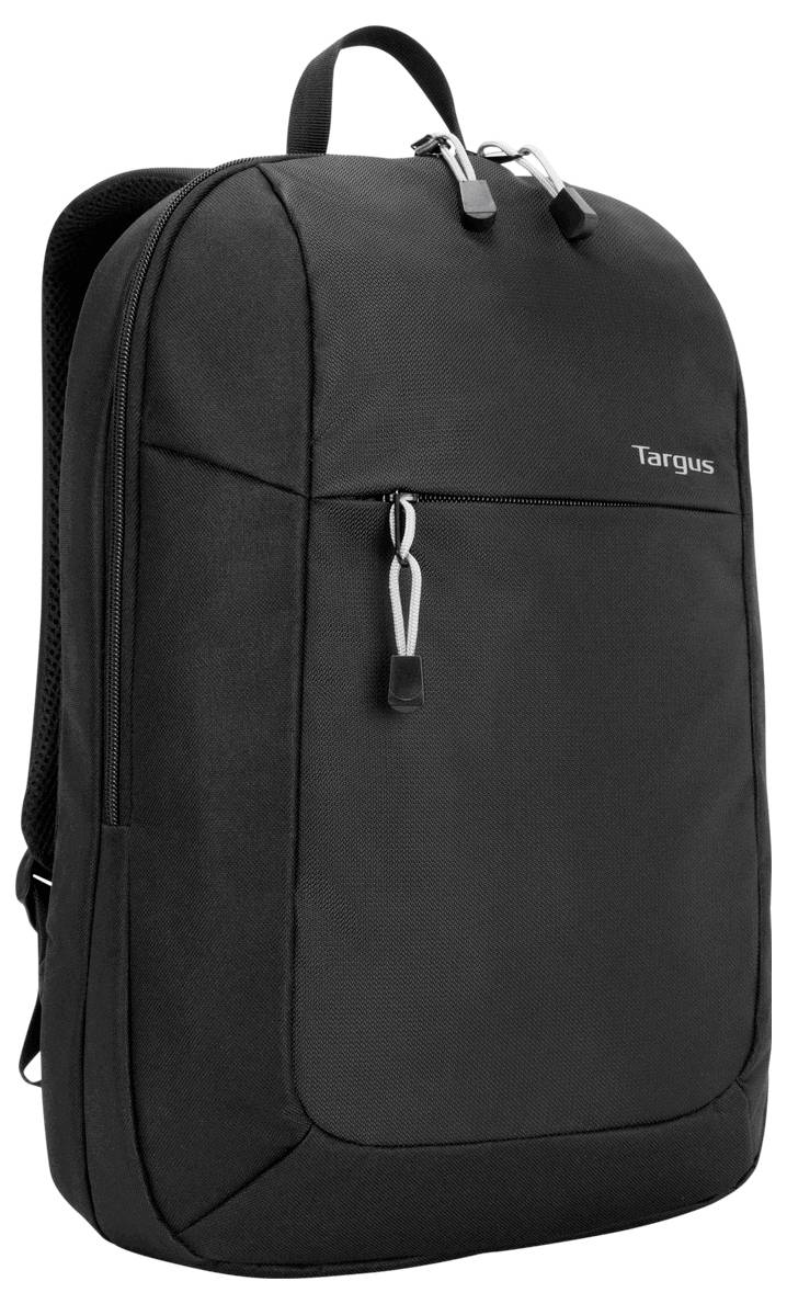 Čierny ruksak s predným zipovým vreckom a logom "Targus", navrhnutý s mäkkými ramennými popruharmi pre pohodlie.