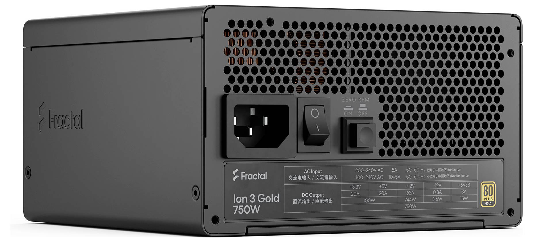 Fractal Ion 3 Gold 750W počítačový zdroj napätia, pohľad zo zadnej strany s AC vstupom, vypínačom a ventilačnou mriežkou.