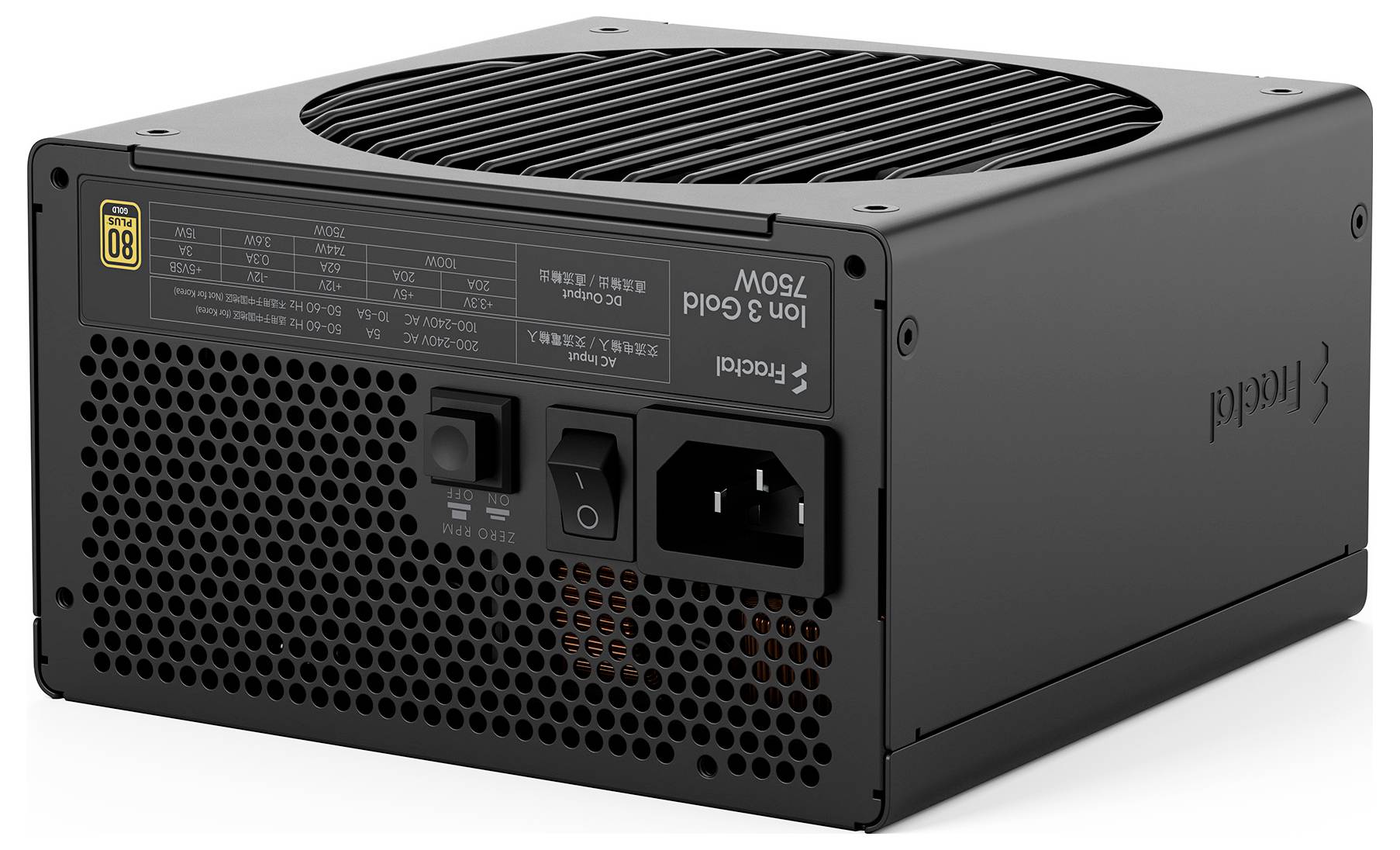 Čierna modulárna jednotka zdroja s mriežkou ventilátora, spínačom napájania a zásuvkou AC, zobrazená v štúdiovom pohľade produktu na bielom pozadí.