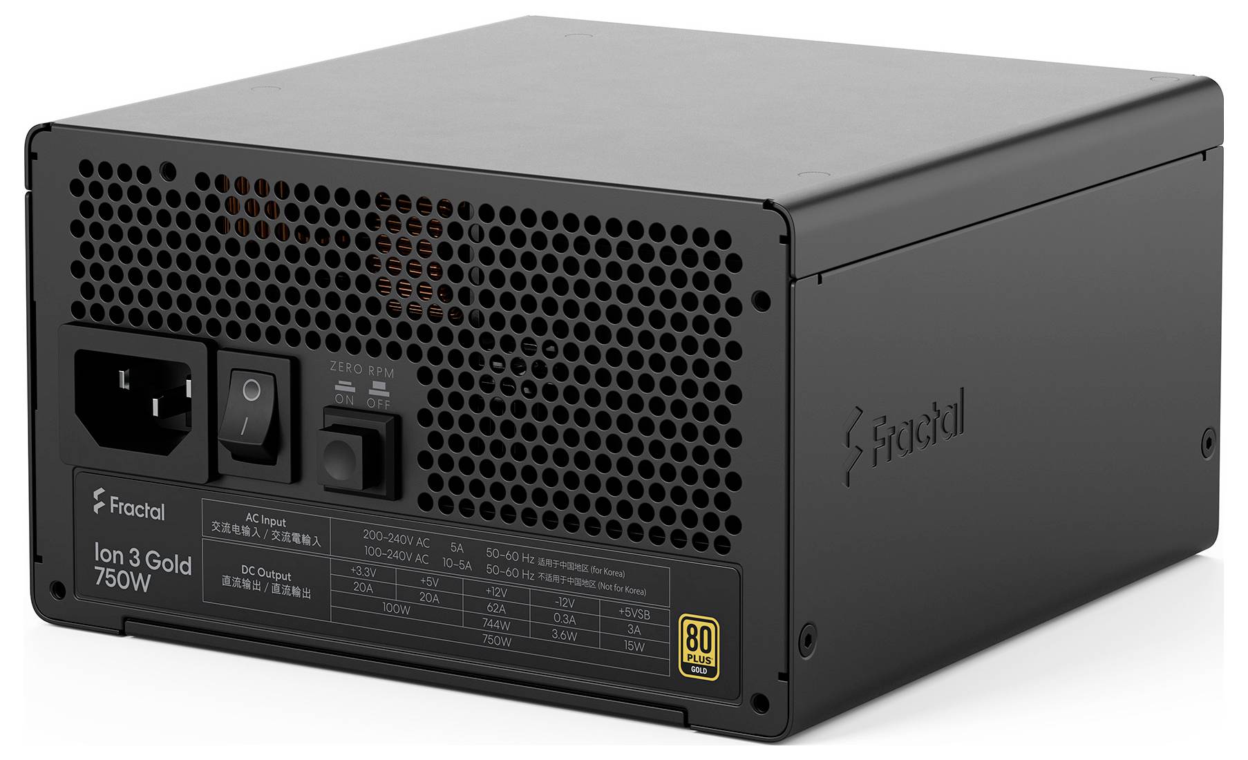 Jednotka počítačového napájania Black Fractal Ion 3 Gold 750W s predným chladiacim mriežkou, spínačom napájania a certifikačným štítkom.