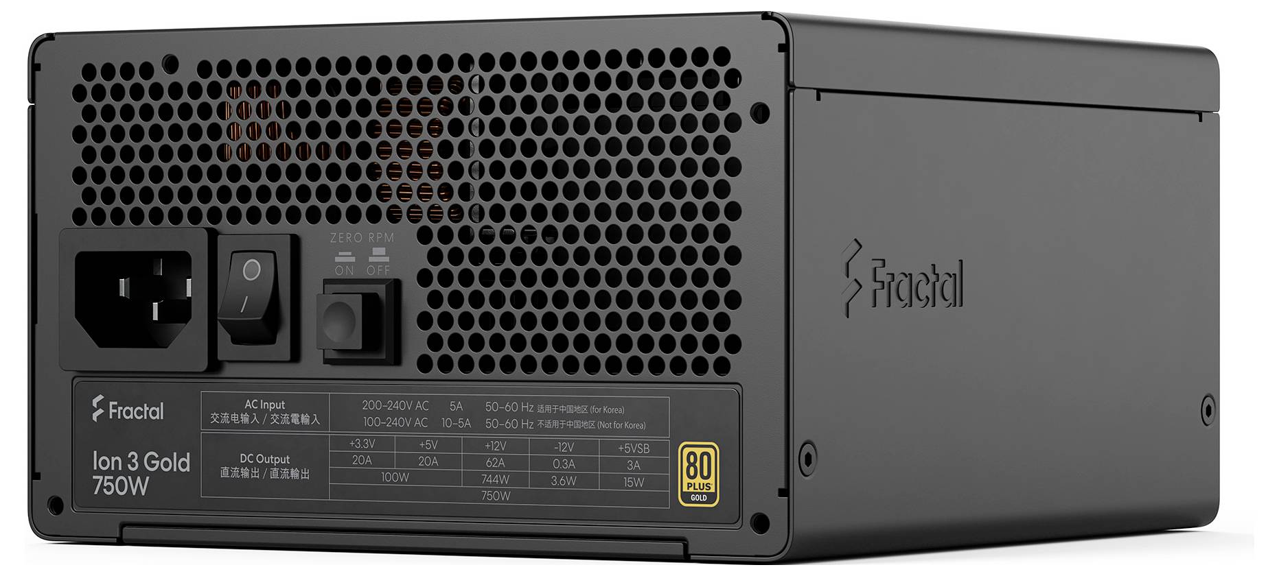 Zadný pohľad na zdroj energie Fractal Ion S3 Gold 750W s prihliadnutím na AC vstup, vypínač napájania, mriežku chladiaceho ventilátora a bočné logo.