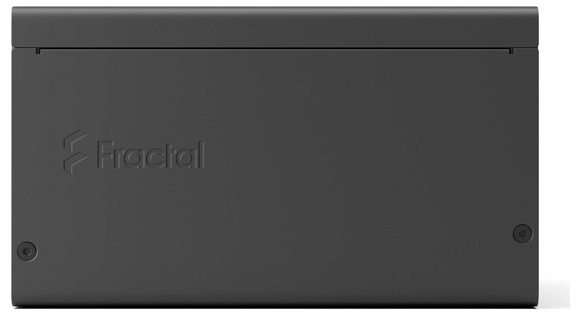 Tmavosivý predný panel počítačového case Fractal s jemným logom a dvoma viditeľnými skrutkami na bielom pozadí.