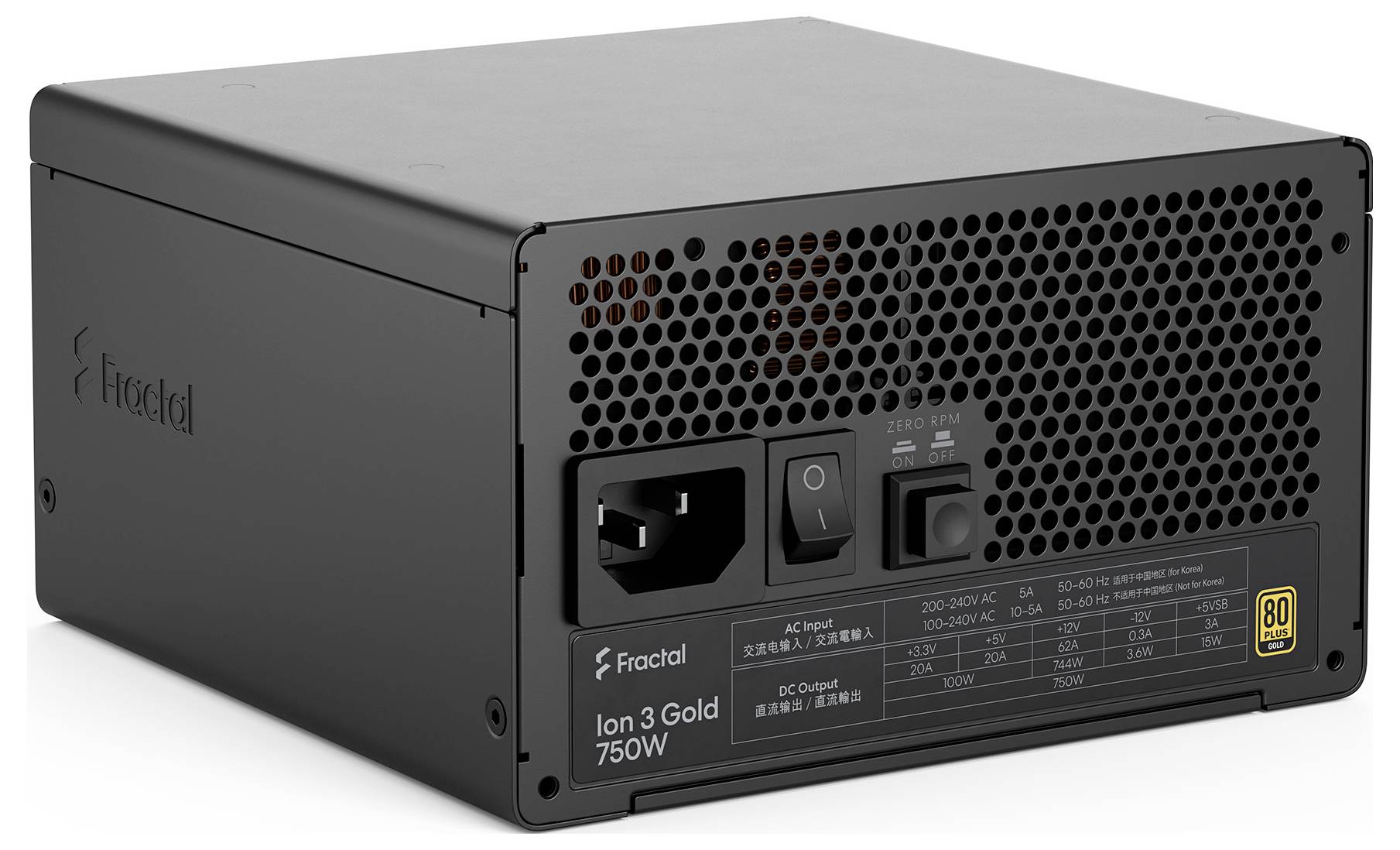 Čierna Fractal Ion 3 Gold 750W počítačová jednotka zdroja s zadným vypínačom napájania, zásuvkou AC, mriežkou ventilátora a označením účinnosti.