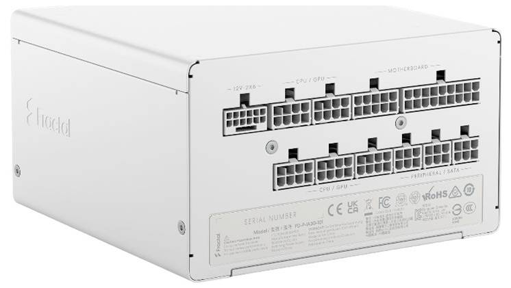 Obrázok zobrazuje zadný panel bieleho napájacieho zdroja Fractal Ion+ 2 Platinum s viacerými modulárnymi portami na pripojenie.