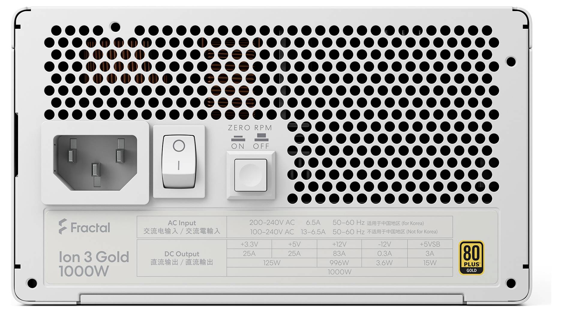 Zadný pohľad zdroja Fractal Design Ion 3 Gold 1000W, ktorý zobrazuje ventilačnú mriežku, vstup AC, vypínač napájania, prepínač zero-RPM a označenie špecifikácií.