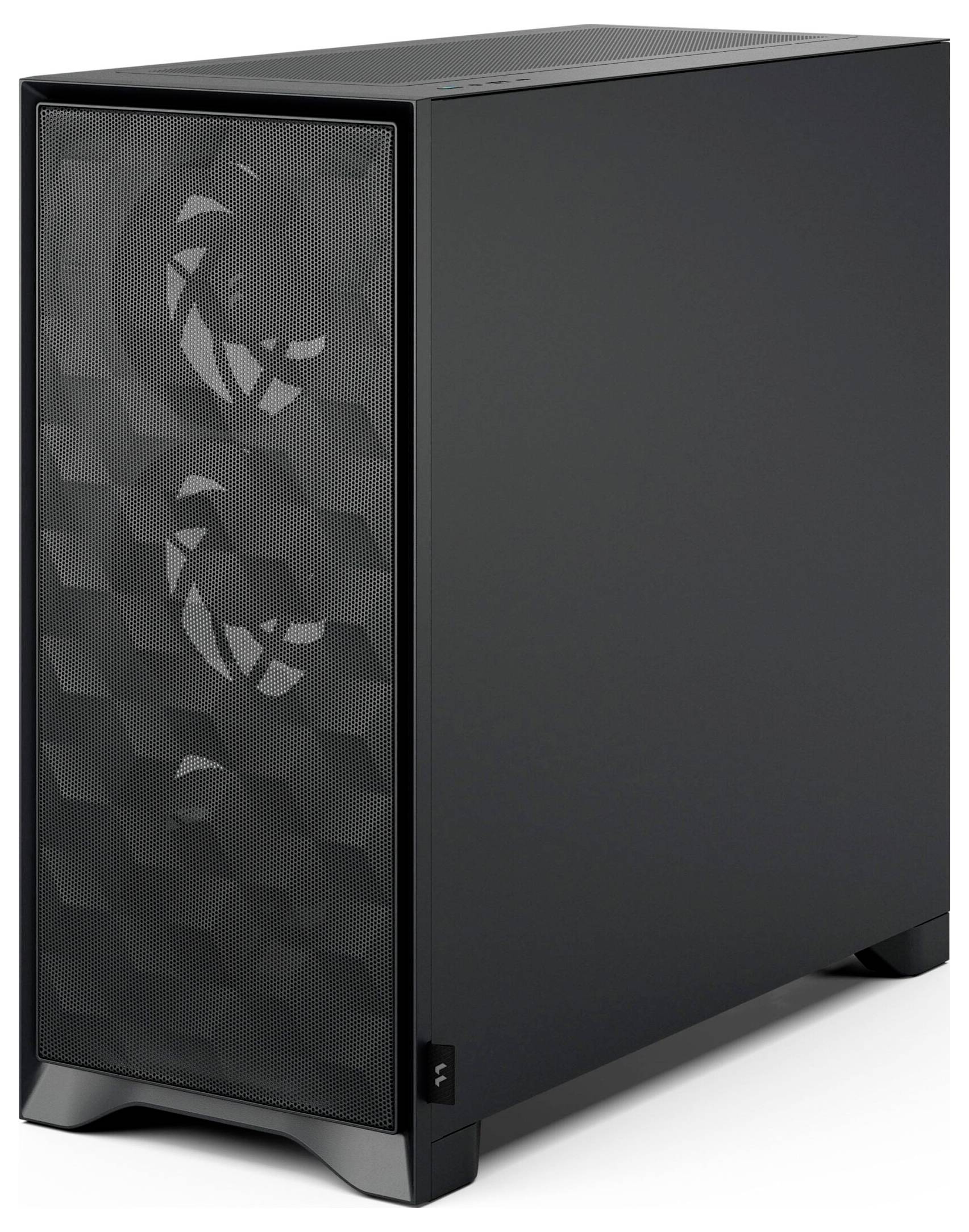 Čierna skriňa počítačovej jednotky s maskovnicovým predným panelom, ktorý odhaľuje vnútorné ventilátory. Dizajn je elegantný a minimalistický.