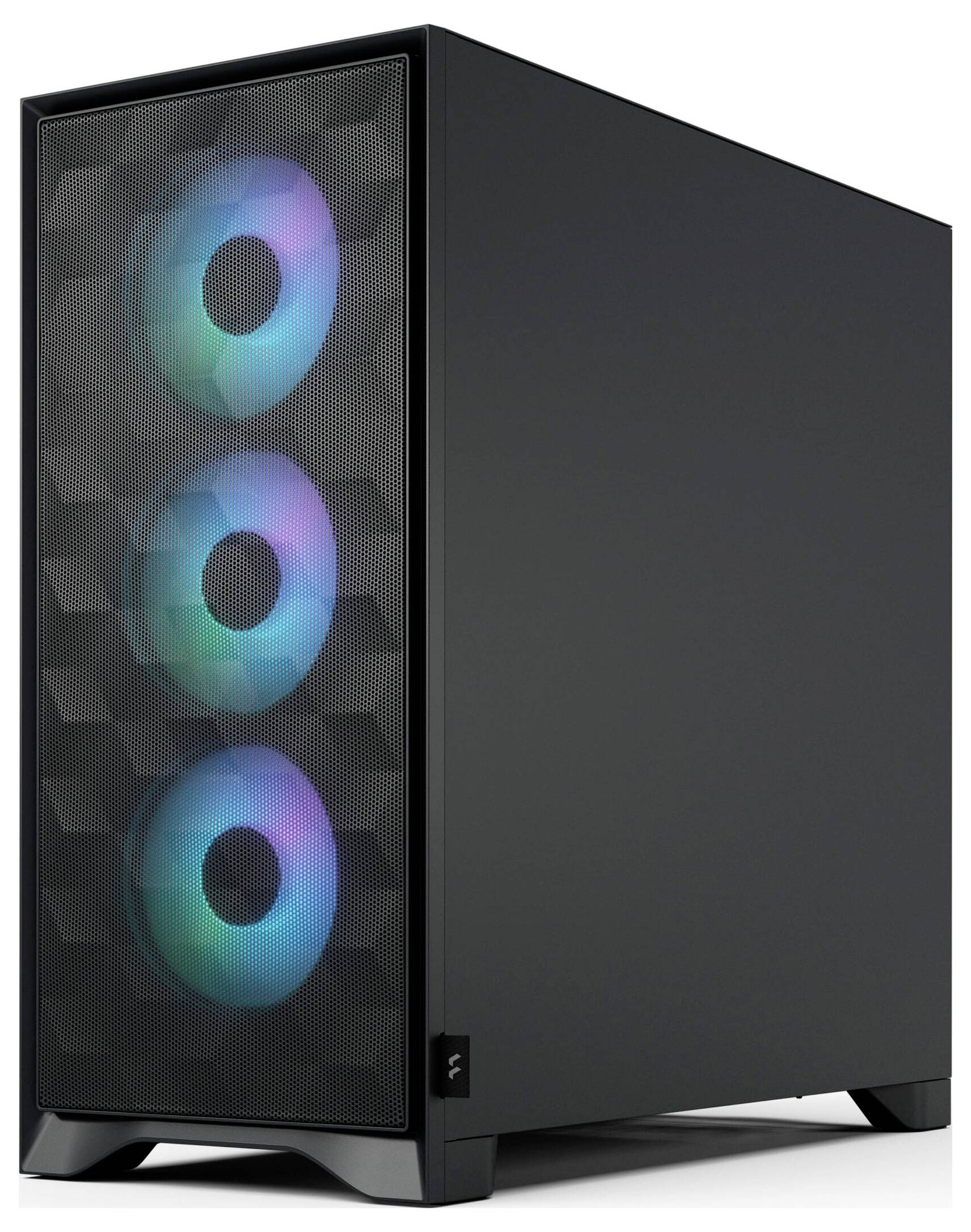 Čierna počítačová skrín s tromi farebne osvetlenými ventilátorom na prednom paneli, čo naznačuje hernú alebo vysoko výkonnostný setup.