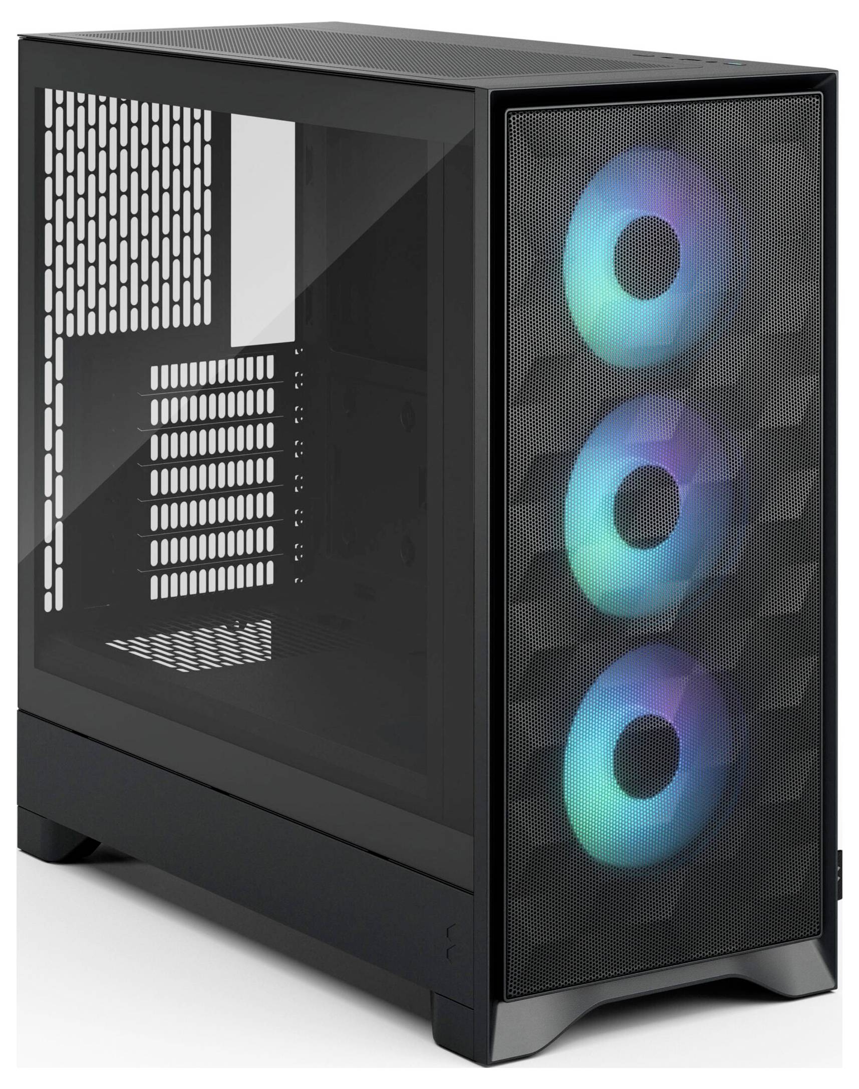 Čierna počítačová skrín s priesvitným bočným panelom má na prednej strane tri kruhové RGB ventilátory, ktoré vyžarujú modré a zelené svetlo.