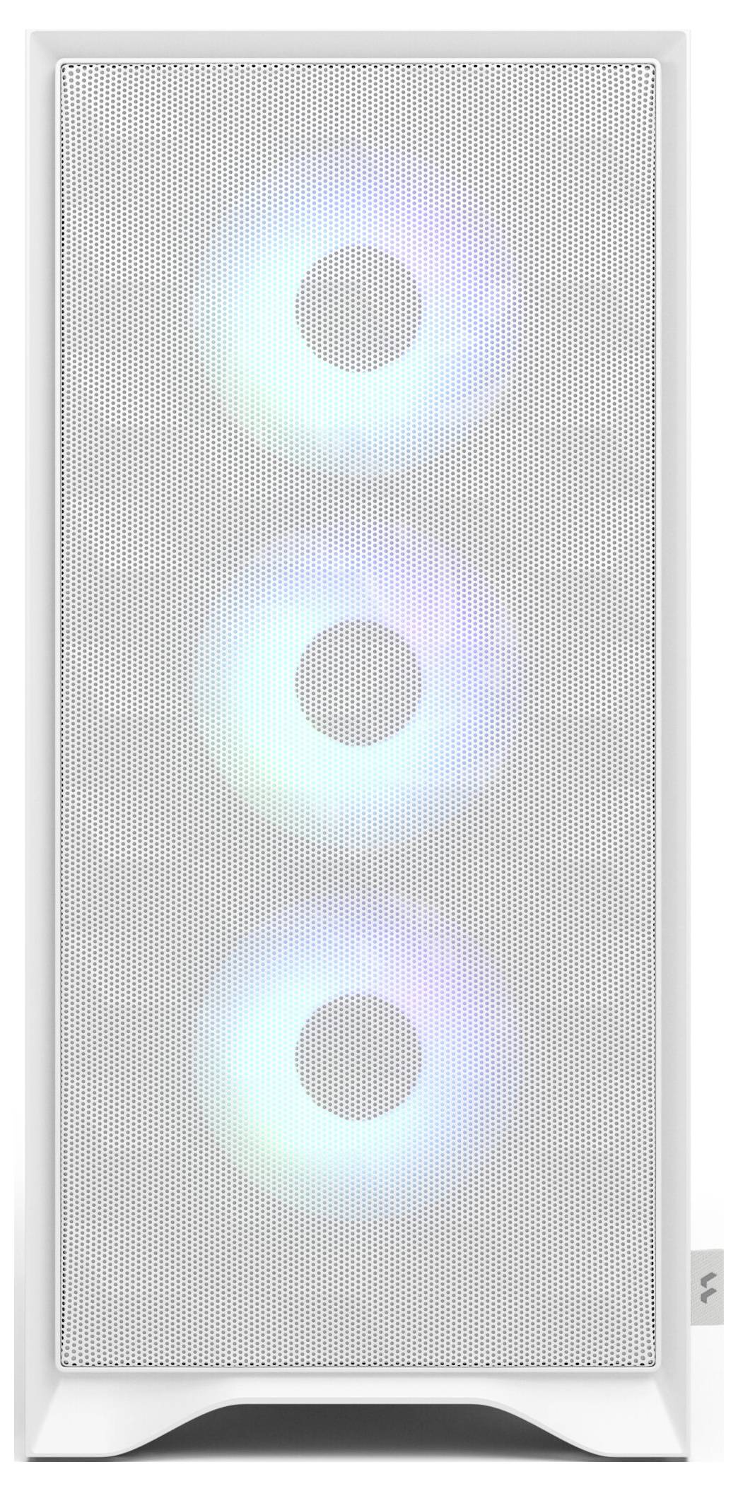 Biely počítačový box s maskovnicou na prednej strane má tri okrúhle RGB svetlá usporiadané vertikálne, čo naznačuje chladiace ventilátory.