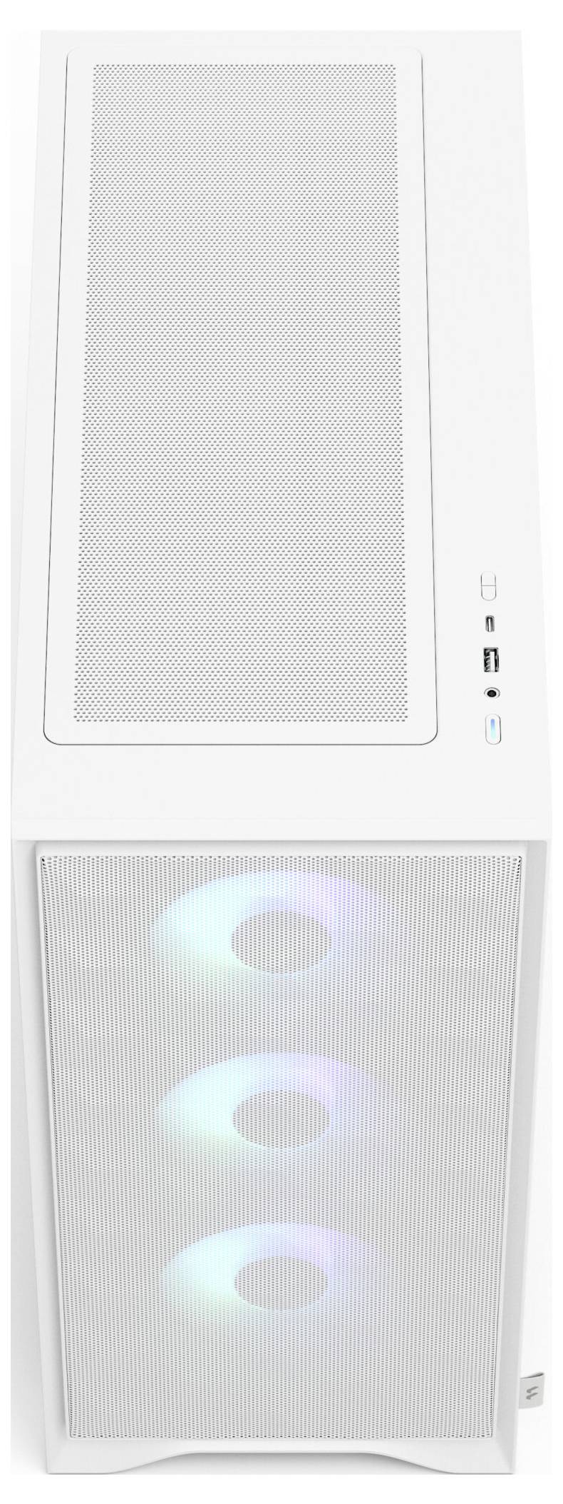 Biela počítačová skrín s perforovaným predným panelom zobrazuje tri svietiace RGB ventilátory.