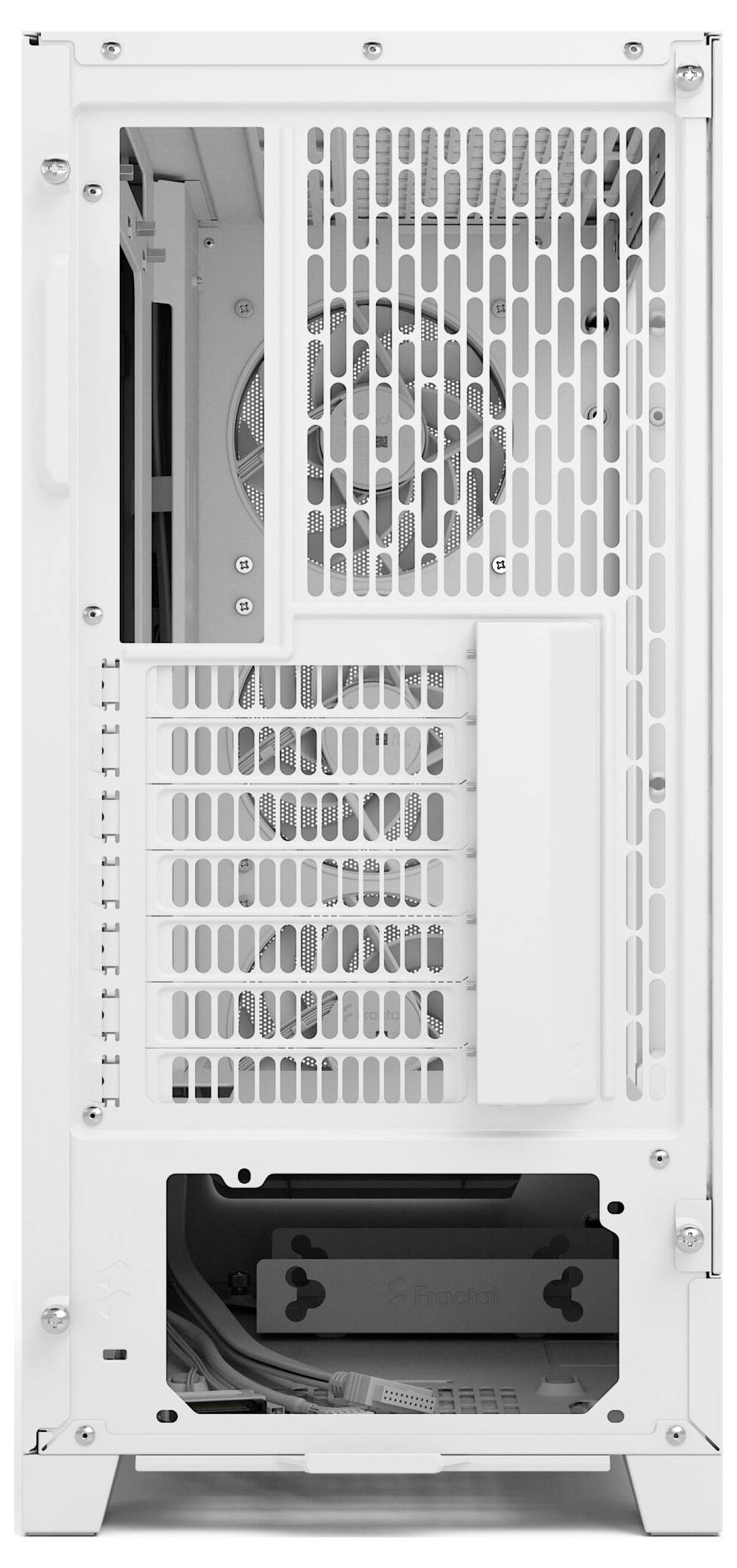 Zadný pohľad počítačovej skrine s vývetrávacími mriežkami, viacerými otvormi pre expanzné karty a miestami pre zdroj energie a chladiace ventilátory.