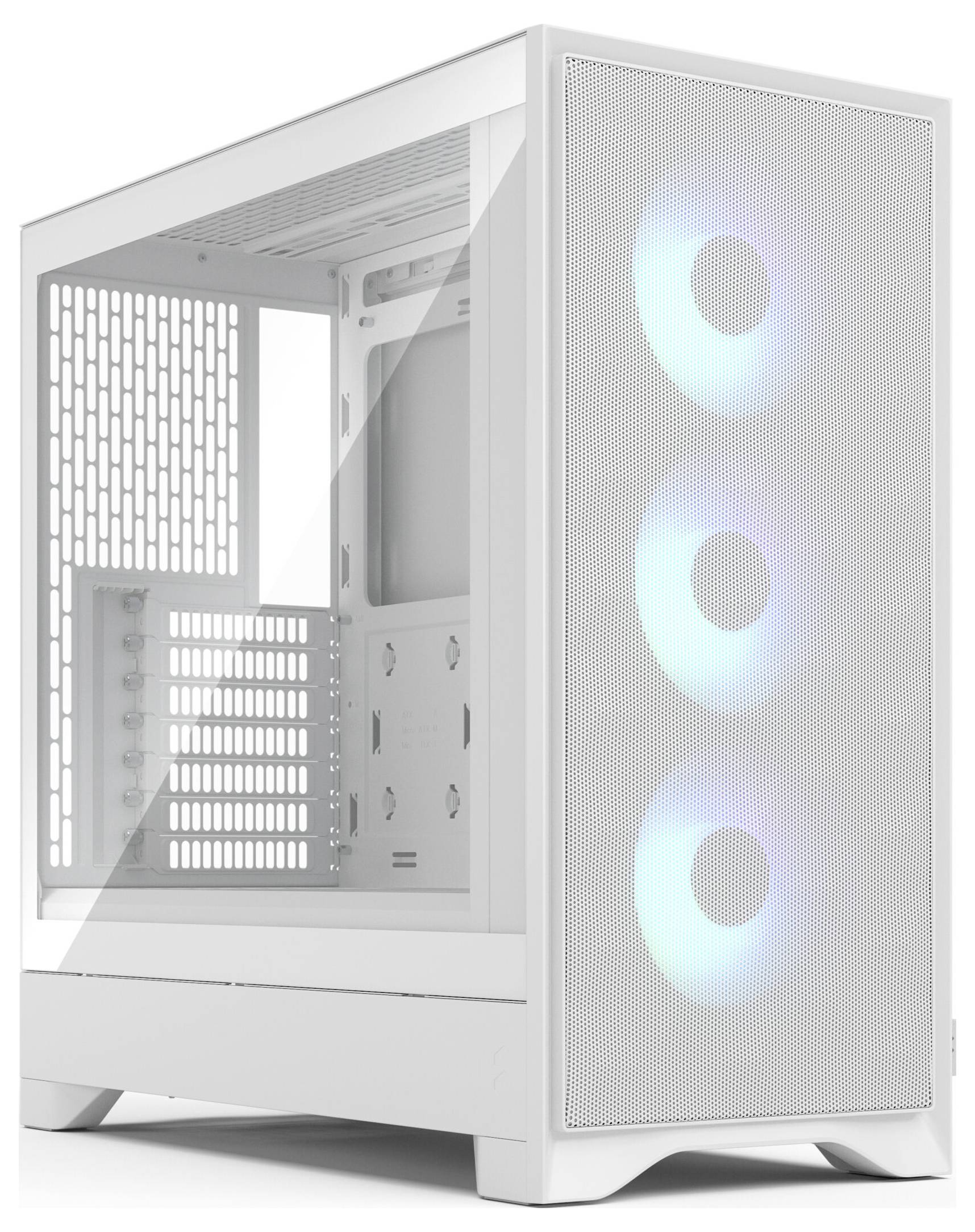 Biela počítačová skrinka s tromi prednými RGB ventilátormi, sieťovaným predným panelom a bočným oknom, navrhnutá na chladenie a viditeľnosť komponentov.