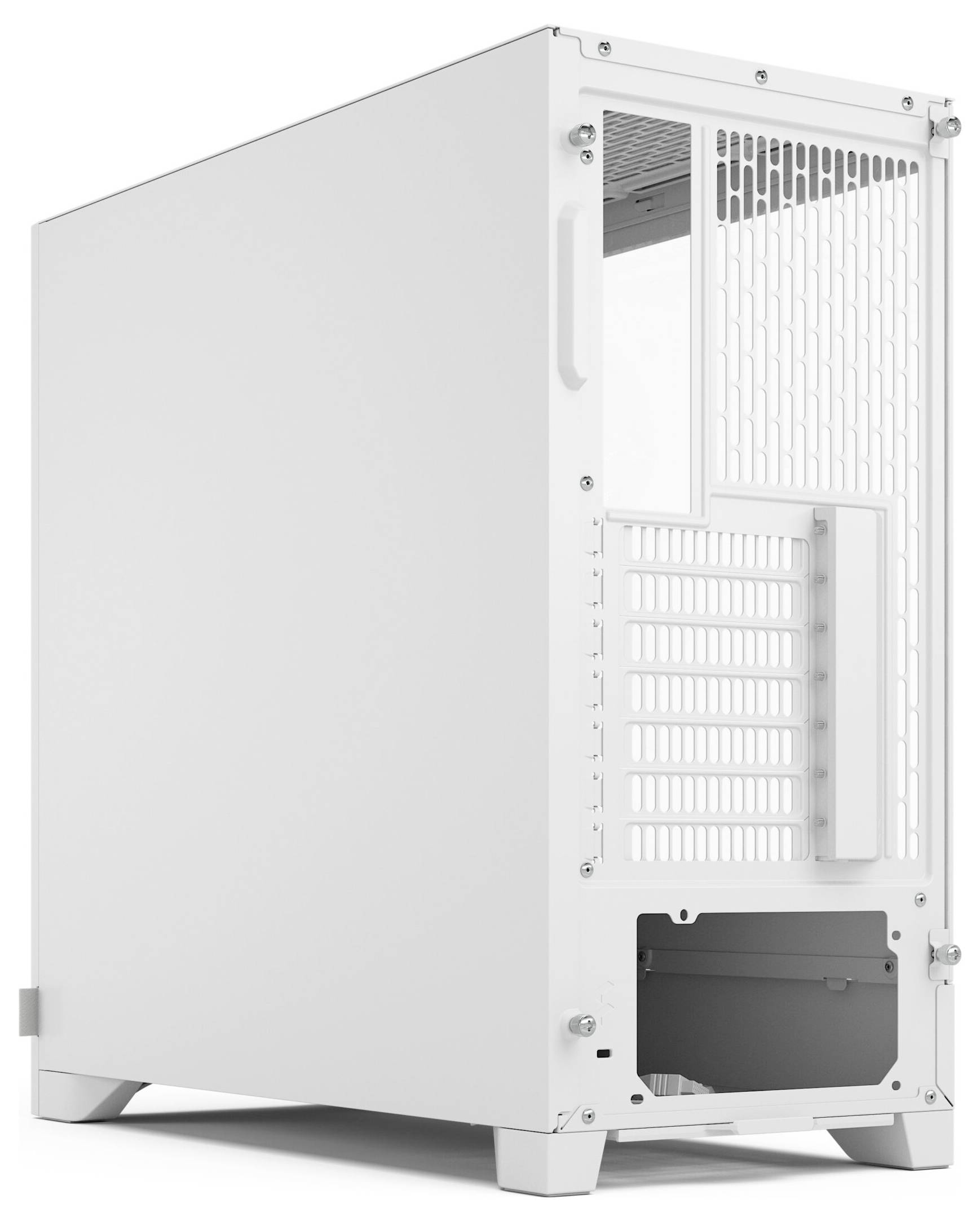 Biely počítačový kryt s otvoreným zadným panelom, zobrazujúci viaceré sloty pre komponenty a ventilačné mriežky.