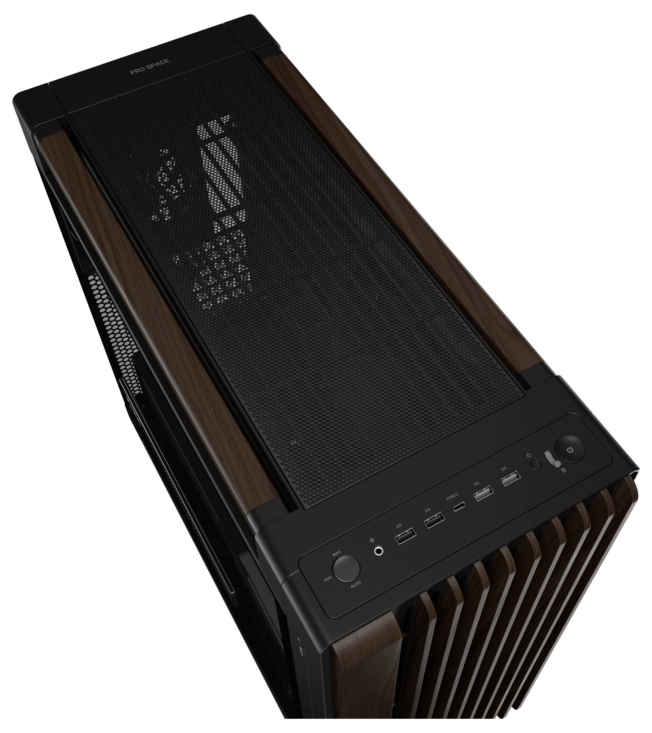 Elegantné puzdro počítača s mrežovým horným panelom zobrazuje viacero USB portov, audio jack a tlačidlo napájania na prednom paneli.