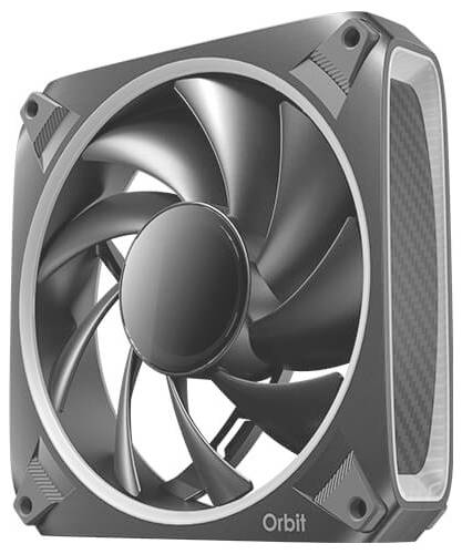 Čierny počítačový chladiaci ventilátor s viacerými lopatkami, umiestnený v štvorcovom puzdre označenom "Orbit", navrhnutý na zlepšenú cirkuláciu vzduchu.