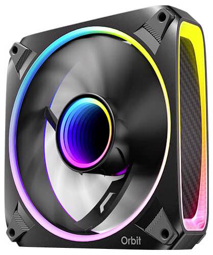 Elegantný štvorcový počítačový ventilátor s LED osvetlením v gradiente farieb vrátane modrej, ružovej a žltej, s značkou "Orbit" na základni.