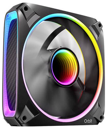 Chladiaci ventilátor počítača s kruhový dizajnom a viacfarebným LED osvetlením. Ventilátor je označený "Orbit" na boku.