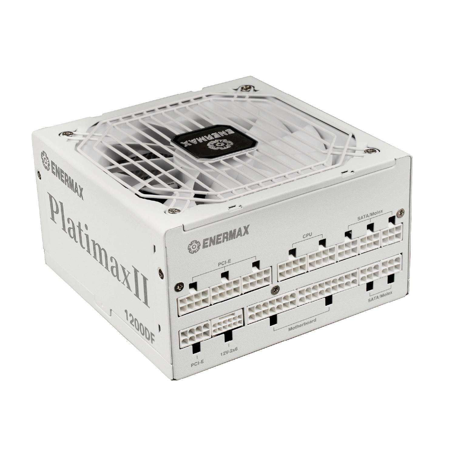Biela počítačová zdroj Enermax Platimax II 1200W s modulárnymi portami káblov a horným chladiacim ventilátorom