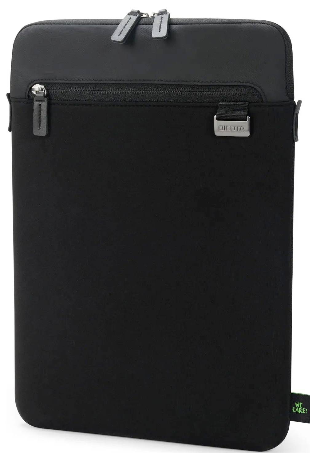 Čierny ochranný obal na notebook so zipsom v prednej časti a označenými detailami. Vrchná časť má dvojitý zips; malá etiketa s nápisom "We Care".