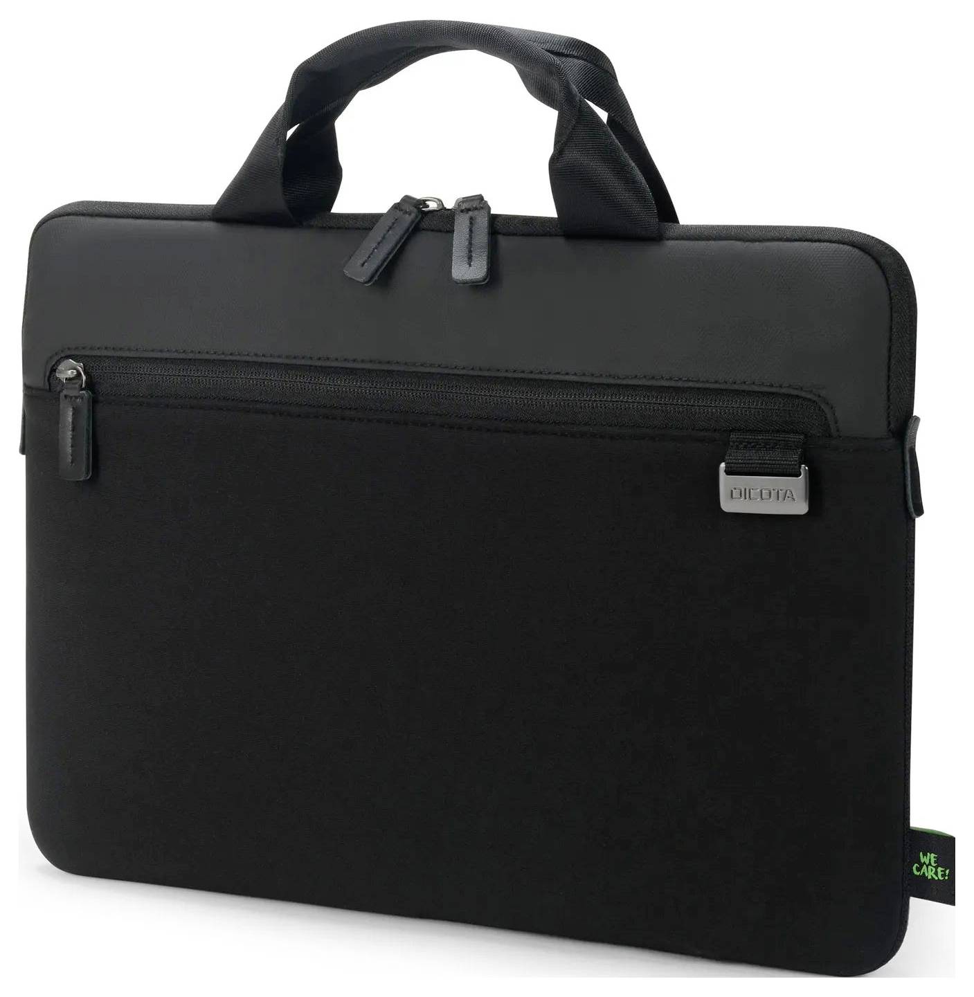 Čierna taška na notebook s dvoma rukoväťami a zipsom vprednej časti, s malou značkou loga a označením "Staráme sa" v rohu.