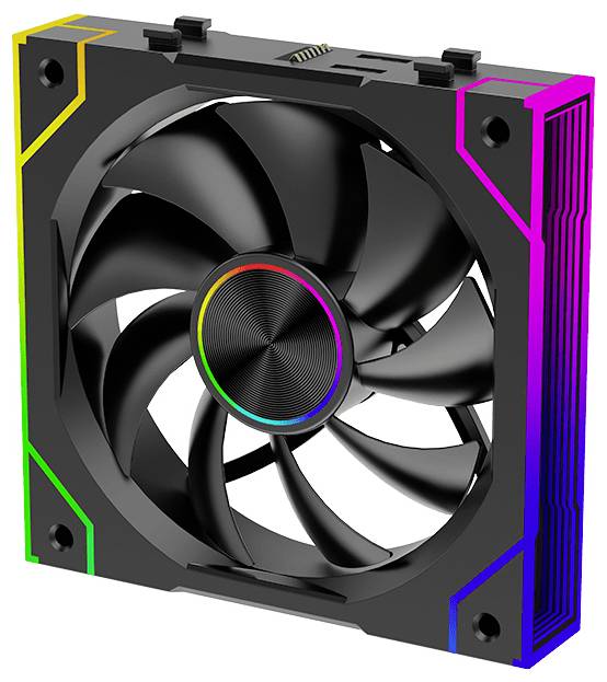 Čierny počítačový chladiaci ventilátor s farebným RGB osvetlením na okrajoch, vybavený zakrivenými lopatkami v štvorcovom puzdre.