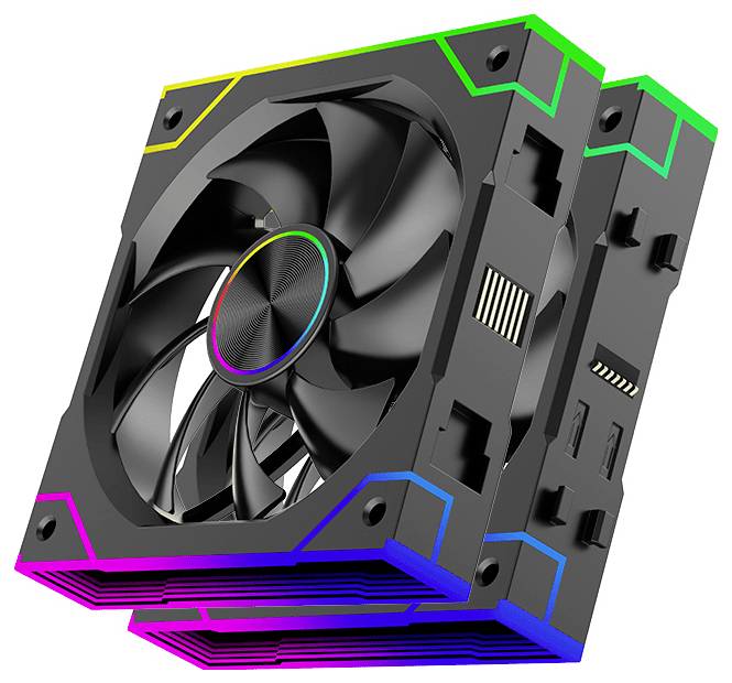 Pár čiernych počítačových chladiacich ventilátorov s RGB osvetlením, zdôrazňujúcich ich multifarebné hrany a štíhly dizajn pre nadšencov technológie.