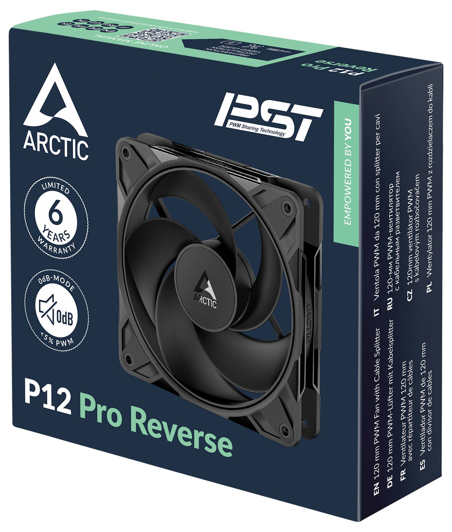 'Arctic P12 Pro Reverse' čierny ventilátor v čiernom balení s '6 rokov záruky', '0dB' funkciami a textom 'Powered by You' na krabici.
