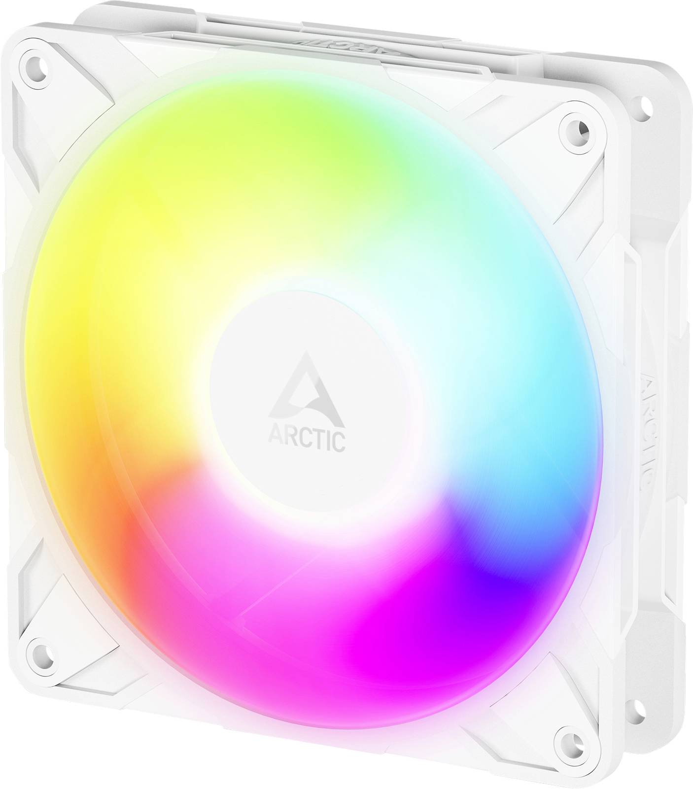 Chladiaci ventilátor počítača v bielom kryte s vivídnym RGB osvetlením prechádzajúcim cez farby. Ventilátor obsahuje logo "Arctic".