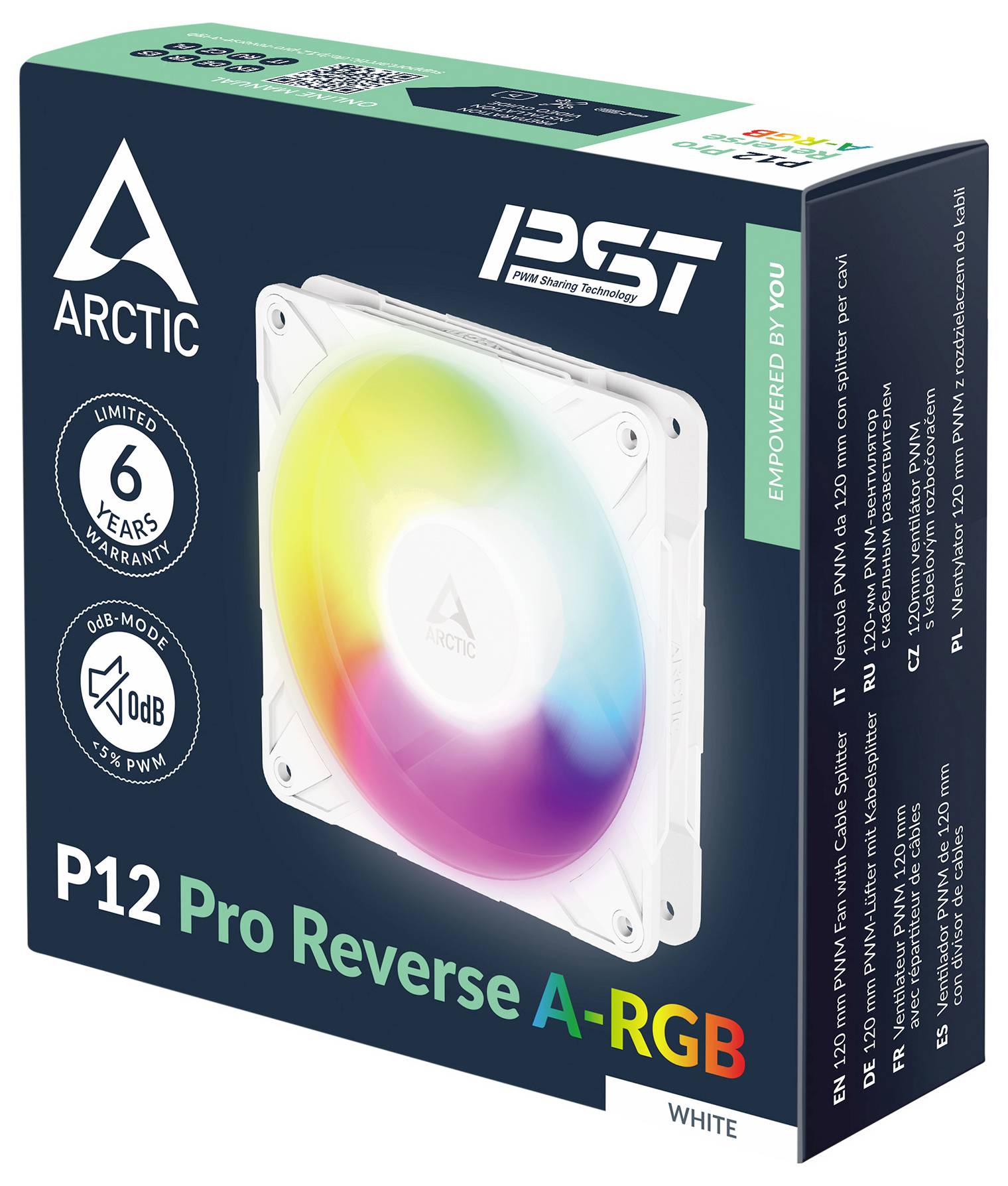 Krabica zobrazujúca ventilátor "Arctic P12 Pro Reverse A-RGB" s efektmi dúhového osvetlenia, zdôrazňujúca nízku hlučnosť a 6-ročnú záruku.