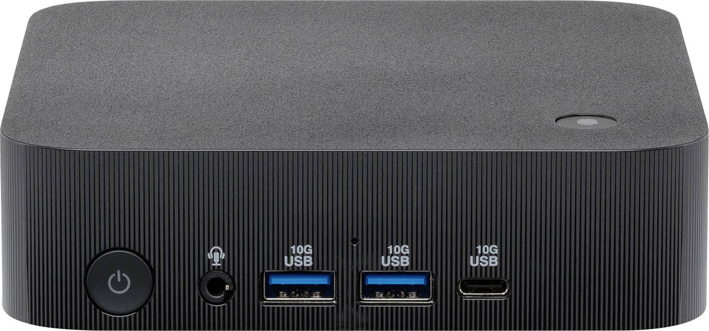 Čelný pohľad na kompaktné čierne elektronické zariadenie s tlačidlom napájania, dvoma portami USB 3.0 a portom USB-C; vhodné na dátové pripojenia.