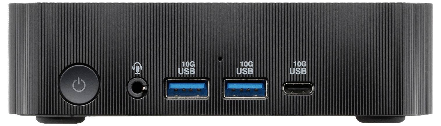 Čierny počítačový hub s tlačidlom napájania, jackom na slúchadlá, dvoma portami USB-A označenými '10G USB' a jedným portom USB-C taktiež označeným '10G USB'.