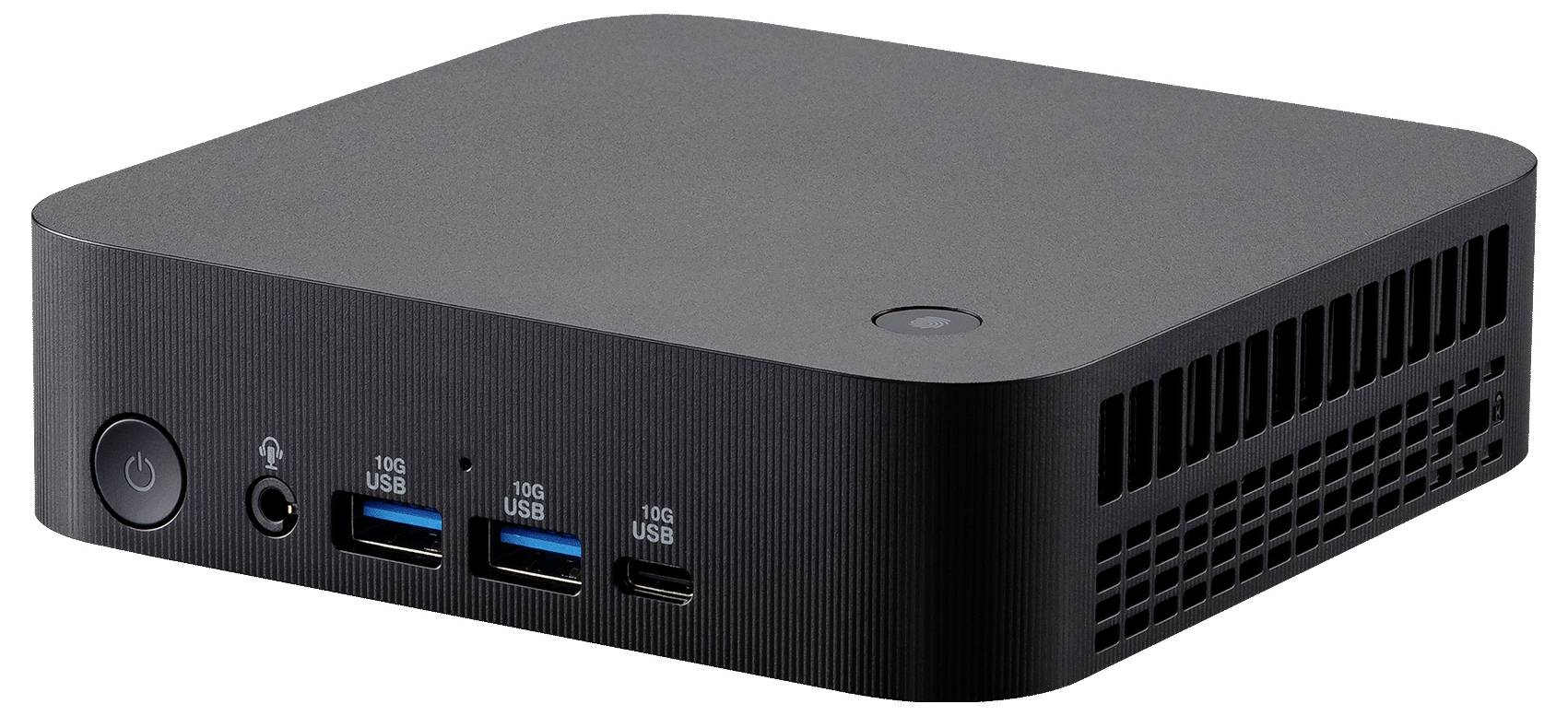 Kompaktný čierny mini PC s viacerými USB portami, jackom na slúchadlá, tlačidlom napájania a vetracími mriežkami na boku.