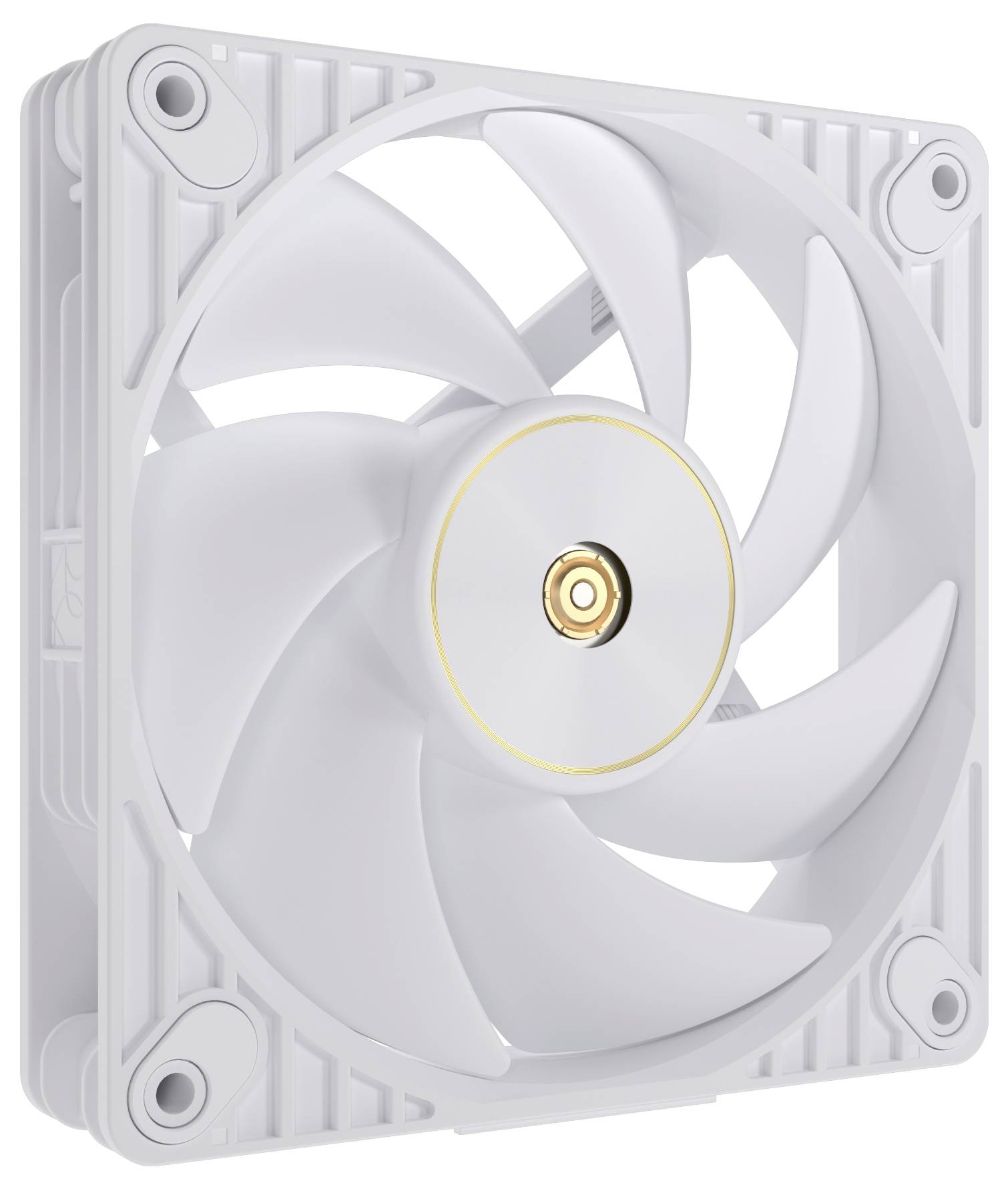 Biely počítačový chladiaci ventilátor so zlatým akcentom v strede, s elegantným a moderným dizajnom pre efektívny prúd vzduchu v PC skriňach.