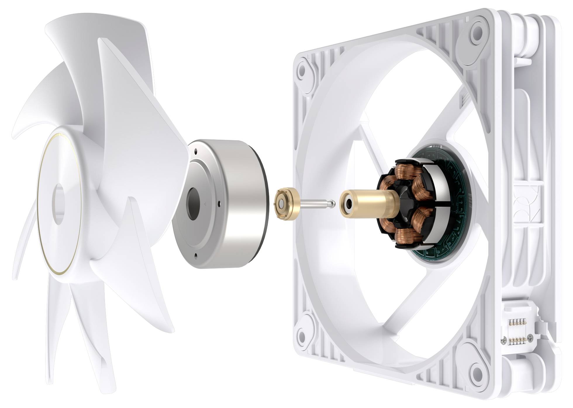 Rozdelený pohľad na počítačový ventilátor znázorňujúci zostavenie lopatiek, motor a kryt rámca.