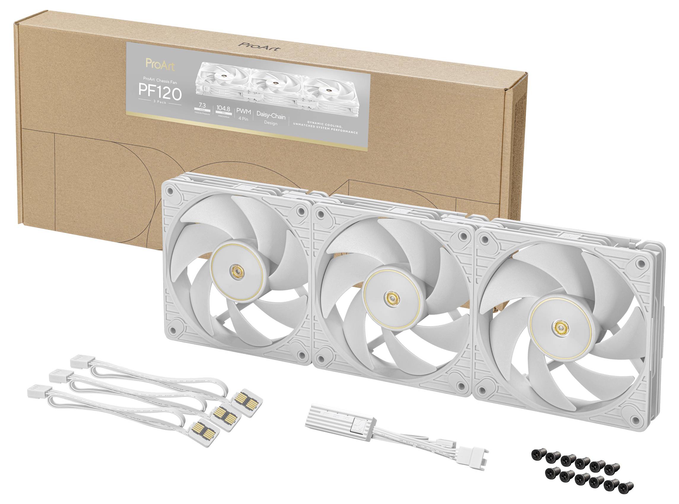 Sada ventilátora Phanteks T30-120 s tromi bielymi ventilátormi, obdĺžnikovým hnedým balením s označením 'PF120,' kablami a skrutkami na chladenie počítača.