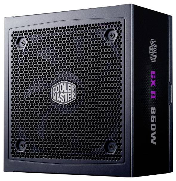 Zdroj energie Cooler Master GX II 850W s čiernym perforovaným krytem s logom značky a označením výkonu na boku.