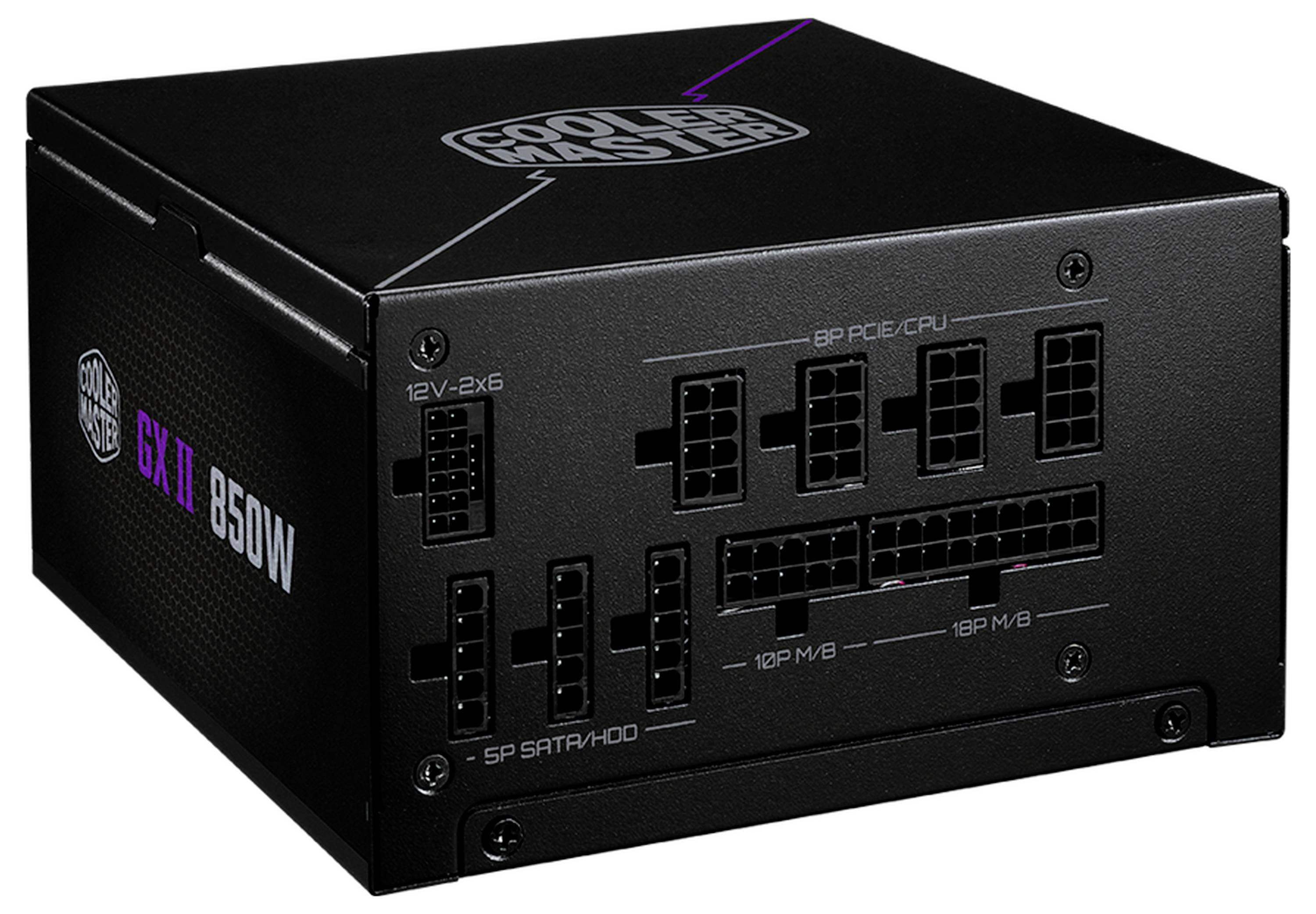 Cooler Master 850W zdroj napájania s modulárnymi konektormi pre PCIe/CPU, SATA/HDD a periférne zariadenia.